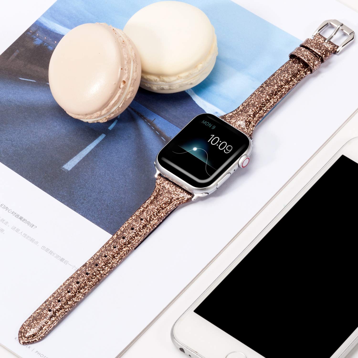 Wearlizer Thin Glitter Leather Compatible With Apple Watch Band 38Mm 40Mm 41Mm Women For Iwatch Se Slim Wristband Glistening Str