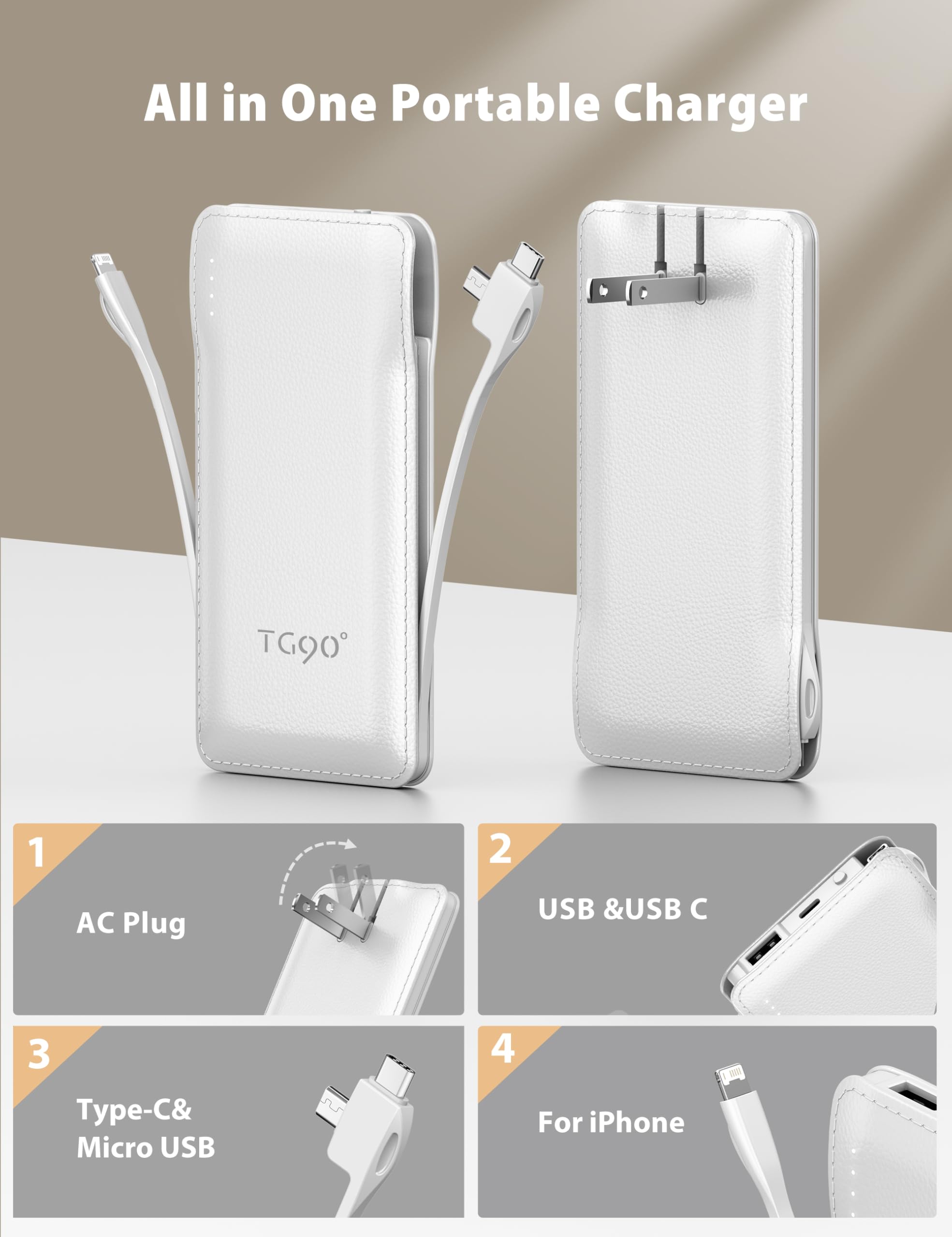 Tg90 Portable Charger Power Bank With Built In Foldable Ac Wall Plug And Cables,10000Mah Usb C External Battery Charger Compatib