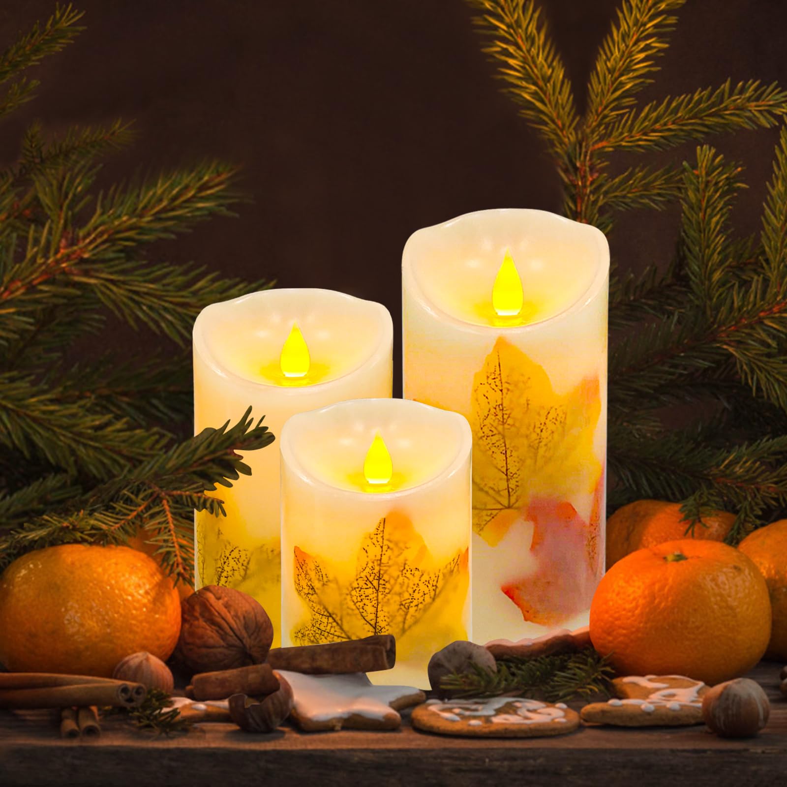 Aveki Led Candle Lights, 3 Pcs Flickering Flameless Maple Leaf Candle Lights With Remote & Timer Battery Operated Led Electric F