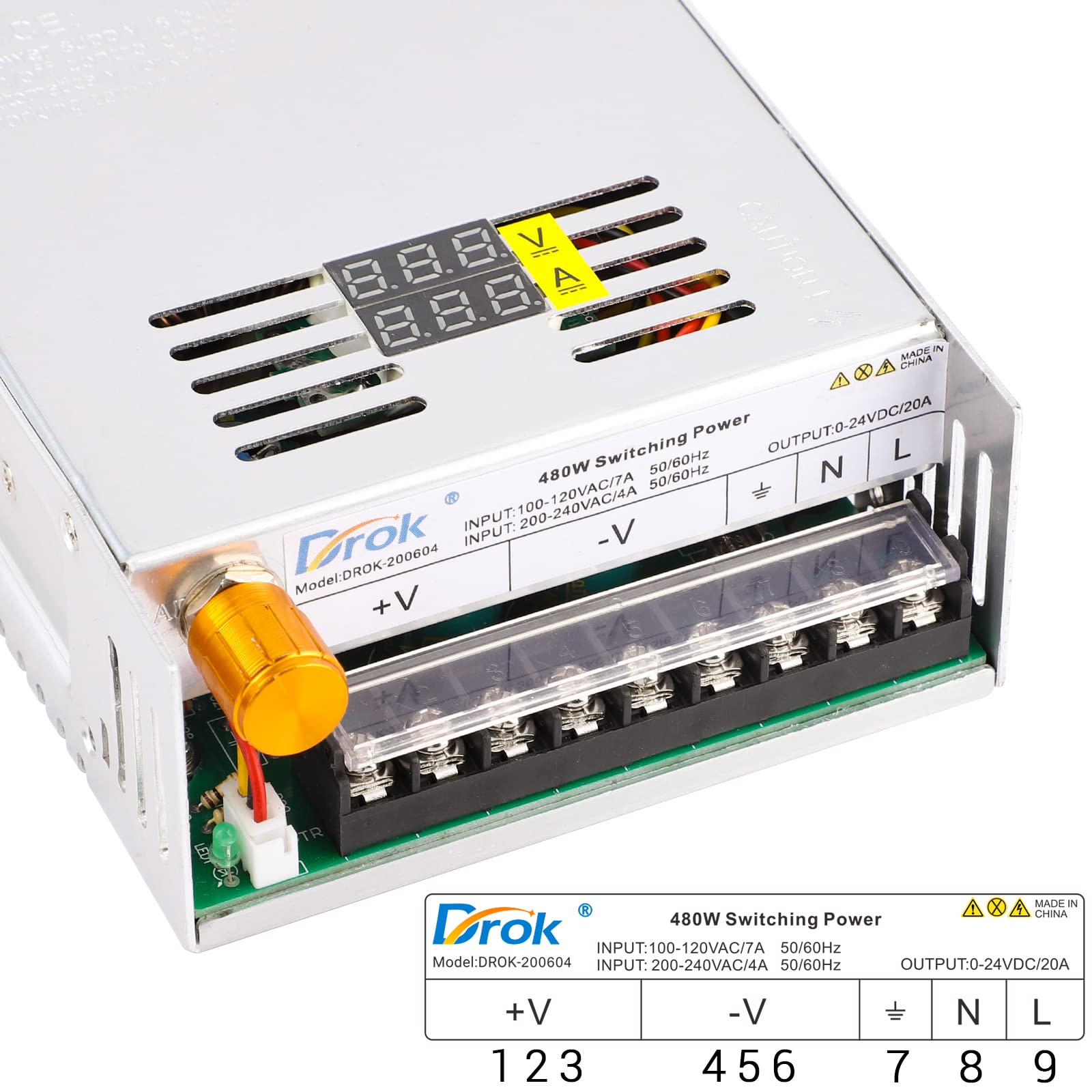 Drok 24V Power Supply, Ac 110V/220V To Dc 0 24V 20A 480W Buck Converter Dual Display, Variable Adjustable Adapter Regulated 5V 1