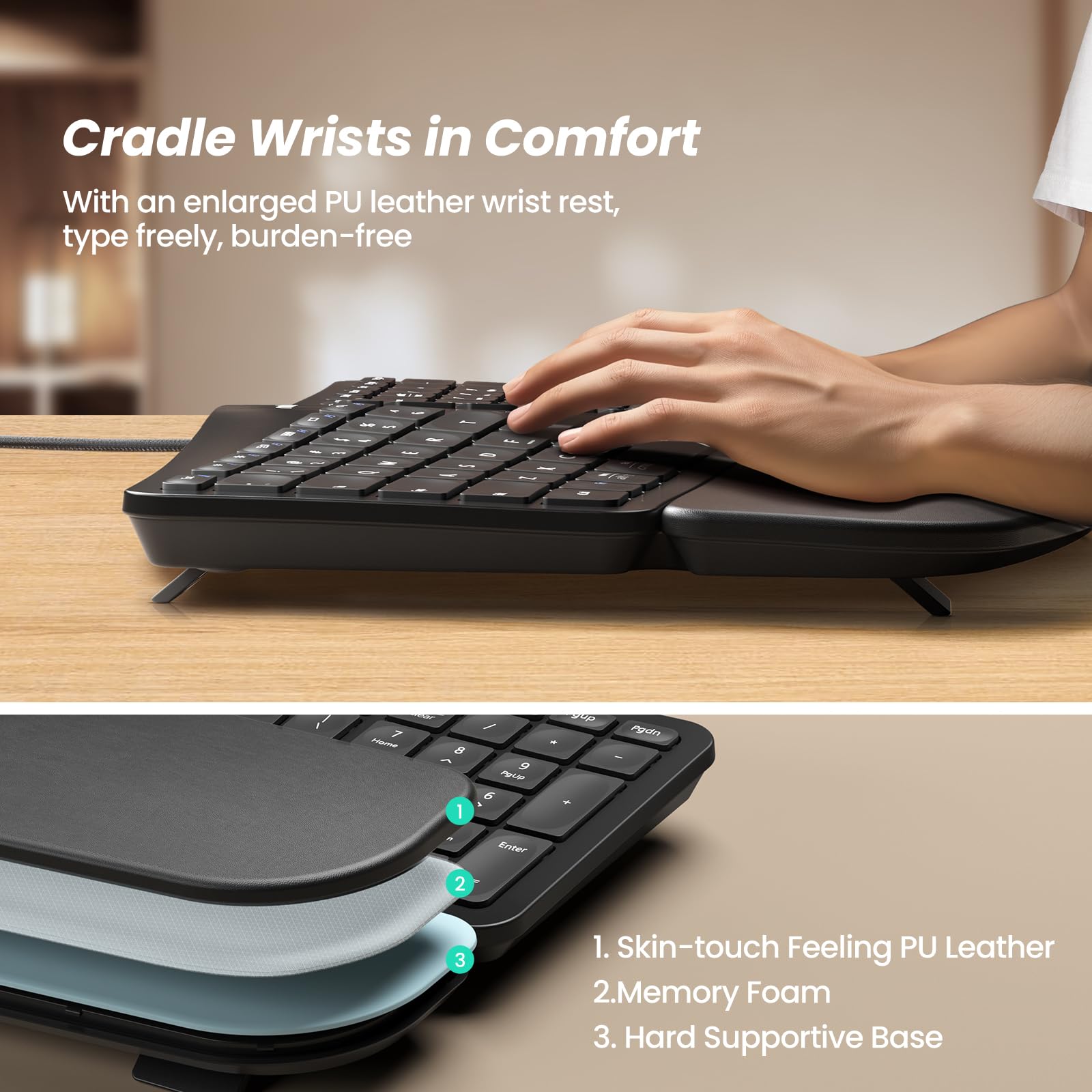 Nulea RT05C Wired Ergonomic Split Keyboard with Wrist Rest, Adjustable Tilt, USB, Black, Compatible with Windows/Mac