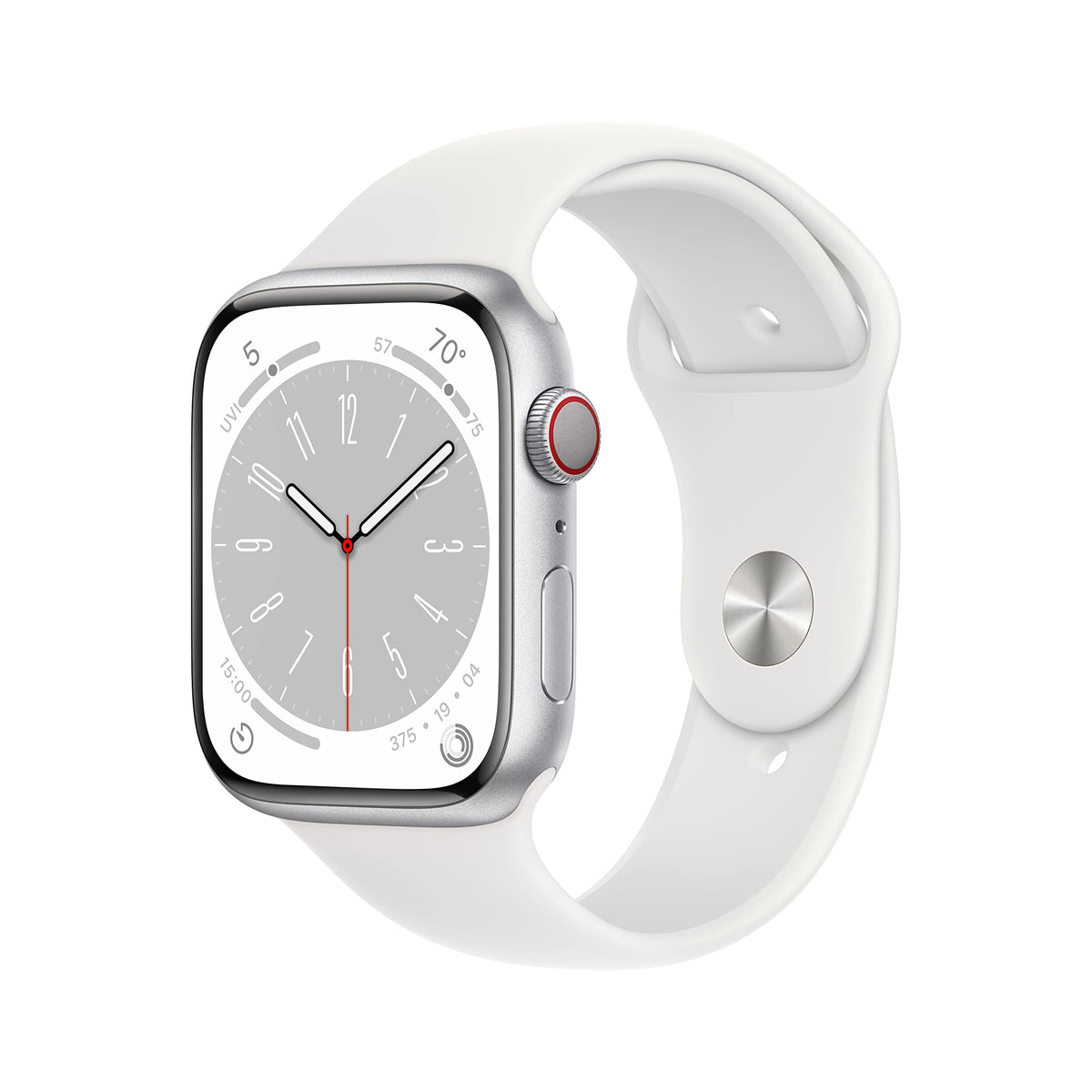 Apple Watch Series 8 [GPS + Cellular 45mm] Smart Watch w/Silver Aluminum Case with White Sport Band   S/M. Fitness Tracker, Blood Oxygen & ECG Apps, Always On Retina Display, Water Resistant