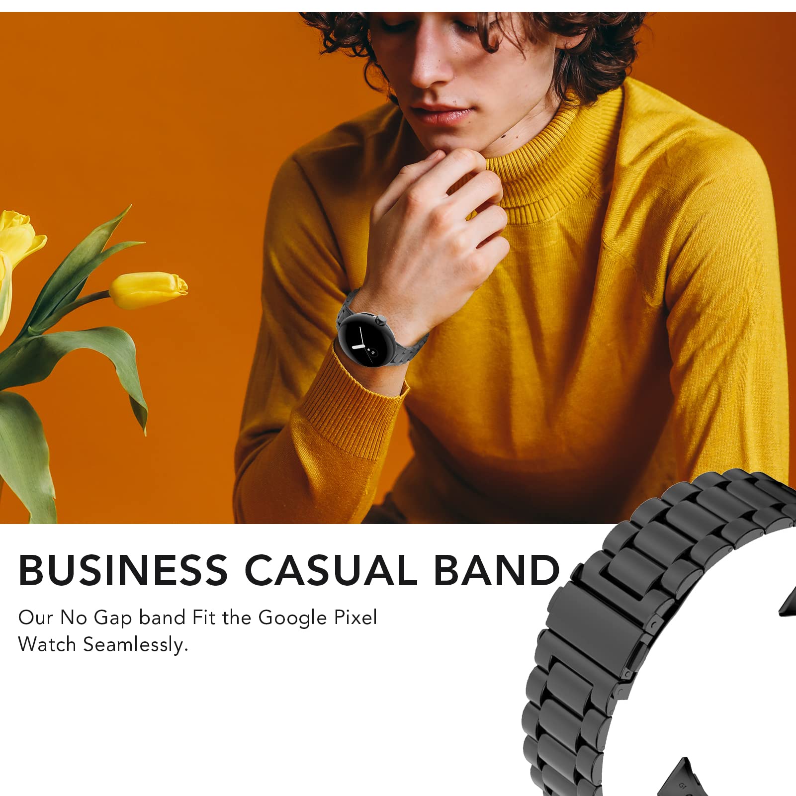 Aresh Compatible With Google Pixel Watch Band Women Men, Stainless Steel Adjustable Metal No Gap Band For Google Pixel Watch Bla