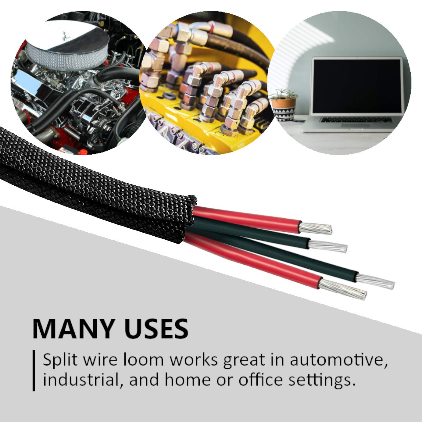 Mgi Speedware Woven Mesh Split Sleeve Wire Loom For High Temperature Automotive Harness And Home Cable Management   25 Feet (1/4