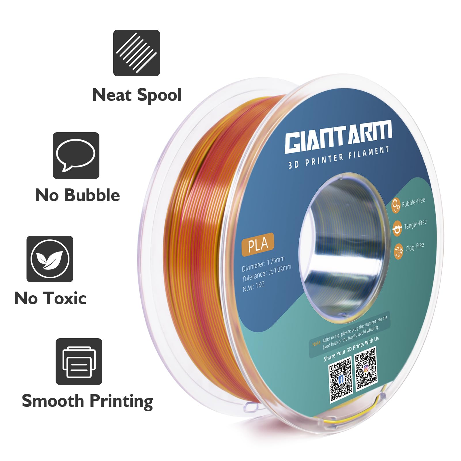 Giantarm Tri Colors Silk Pla Filament, 3D Printer Filament 1.75Mm +/ 0.02Mm, 1Kg (2.2Lbs) Spool, Vacuum Packaging (Red+Yellow+Bl