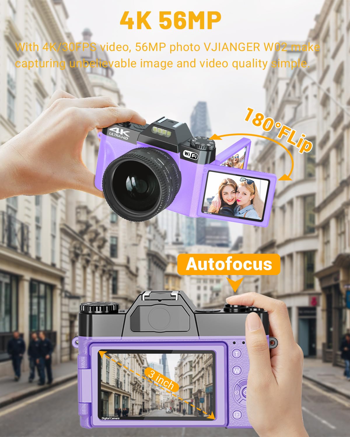 2024 Upgrade Vjianger Digital Camera For Photography 4K 56Mp Vlogging Camera For Youtube With Wifi, 180� Flip Screen, 16X Digital Zoom, 52Mm Lens, 2 Batteries, 32Gb Micro Sd Card(Purple)