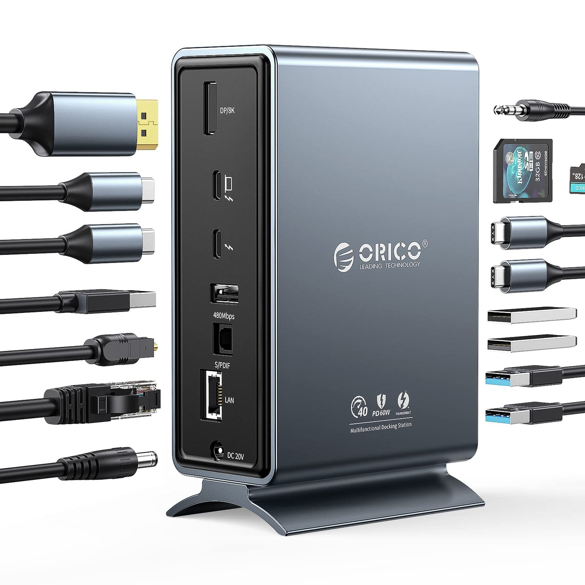 Thunderbolt 3 Docking Station, Orico 15 In 1 Thunderbolt 3 Dock With Single 8K & Dual 4K Display, Dp1.4, 3 Usb 10Gbps, Optical O