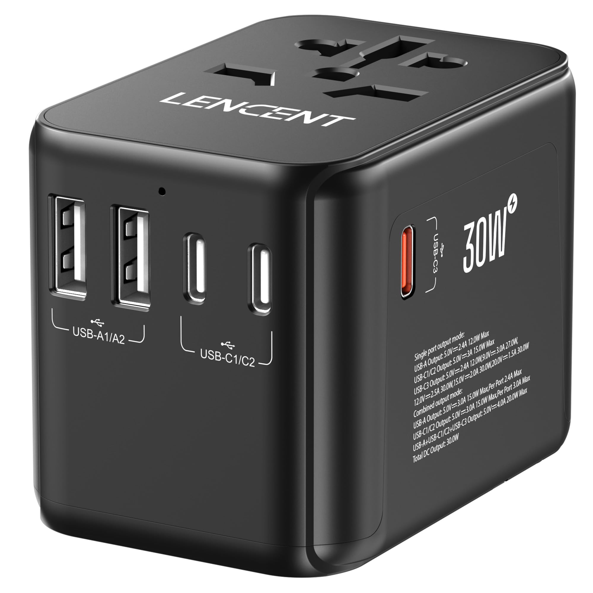 Lencent Universal Travel Adapter, Gan Iii 30W International Charger With 2 Usb Ports & 3 Usb C Pd Fast Charging Adaptor, Worldwi