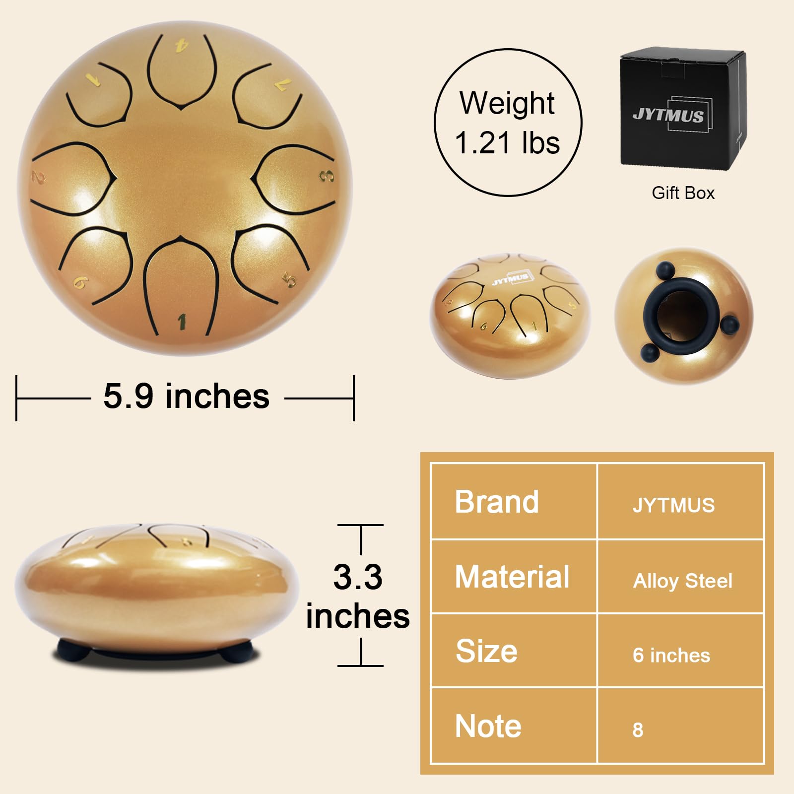 Jytmus Steel Tongue Drum 8 Notes 6 Inches, C Major Percussion Instruments, Steel Drum Kit With Music Book, Carry Bag, Drum Malle