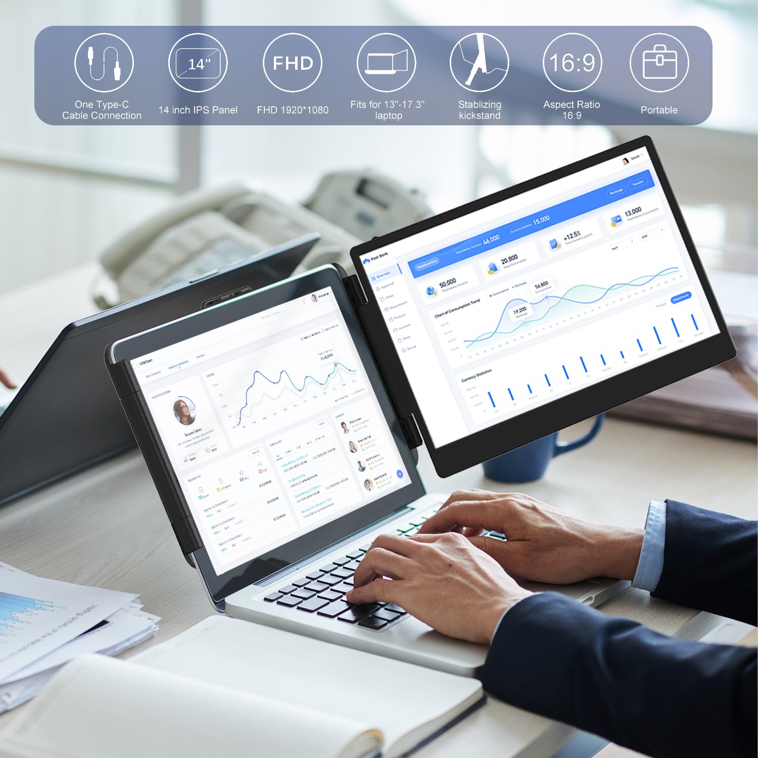 Kefeya Laptop Screen Extender, 14'' Fhd 1080P Ips Laptop Monitor Extender Dual Screen, Portable Monitor For Laptops 13 17'' With