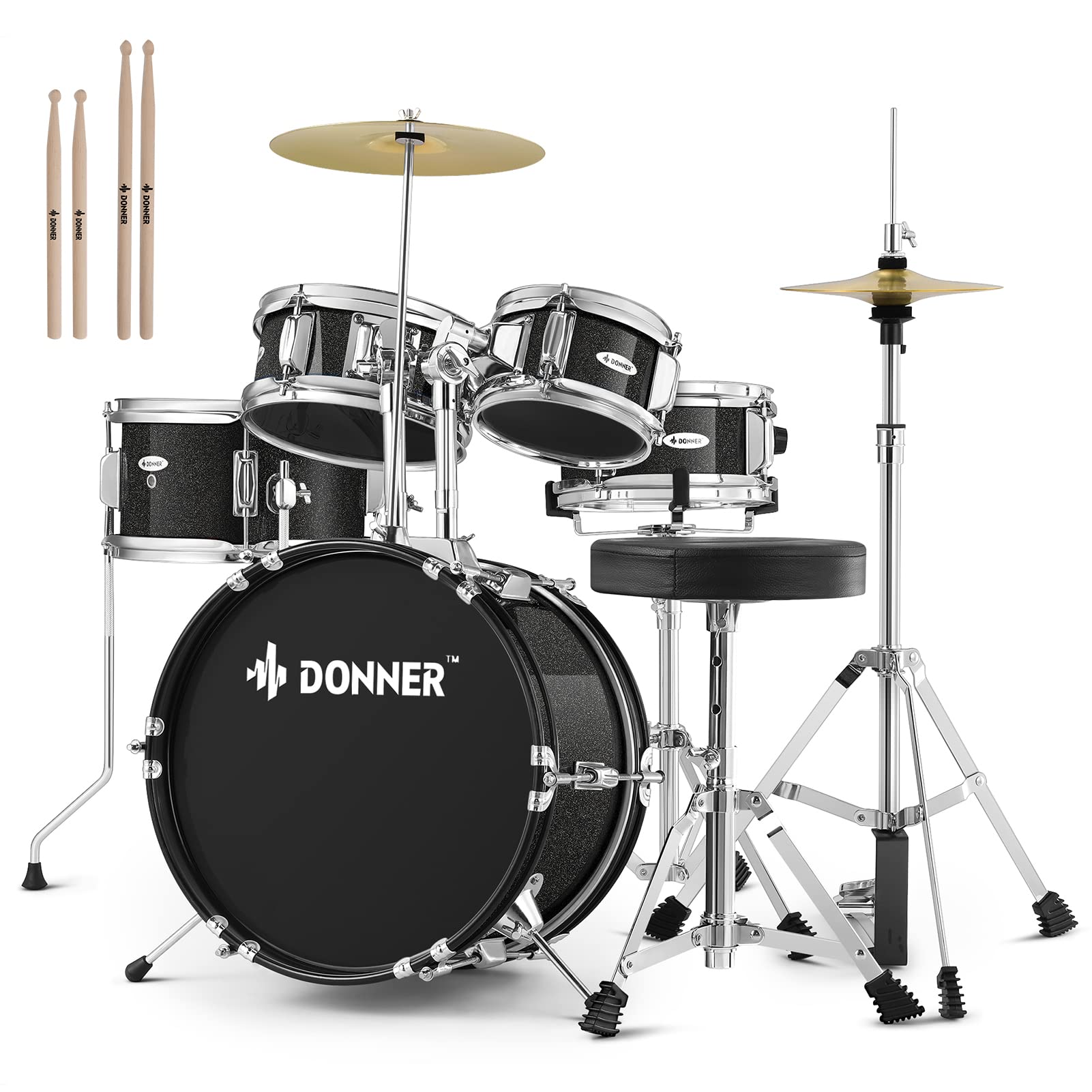 Kid Drum Sets Donner 5 Piece For Beginners, 14 Inch Full Size Complete Junior Drum Kit With Adjustable Throne, Cymbal, Hi Hat, P