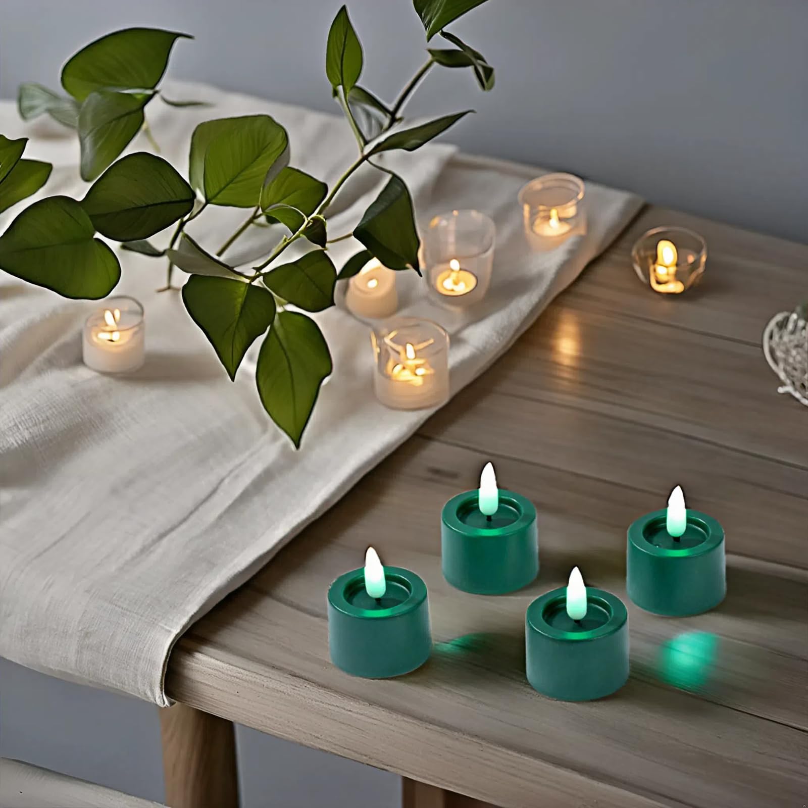 Simplelight Pack Of 12 Tea Lights Candles Battery Operated   Green Flameless Candles With Timer, Battery Included   Perfect For