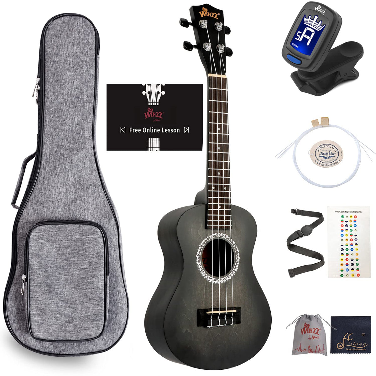 Winzz Hand Rubbed Series   Concert Ukulele Vintage Hawaiian With Bag, Tuner, Strap, Extra Strings, Fingerboard Sticker, 23 Inche