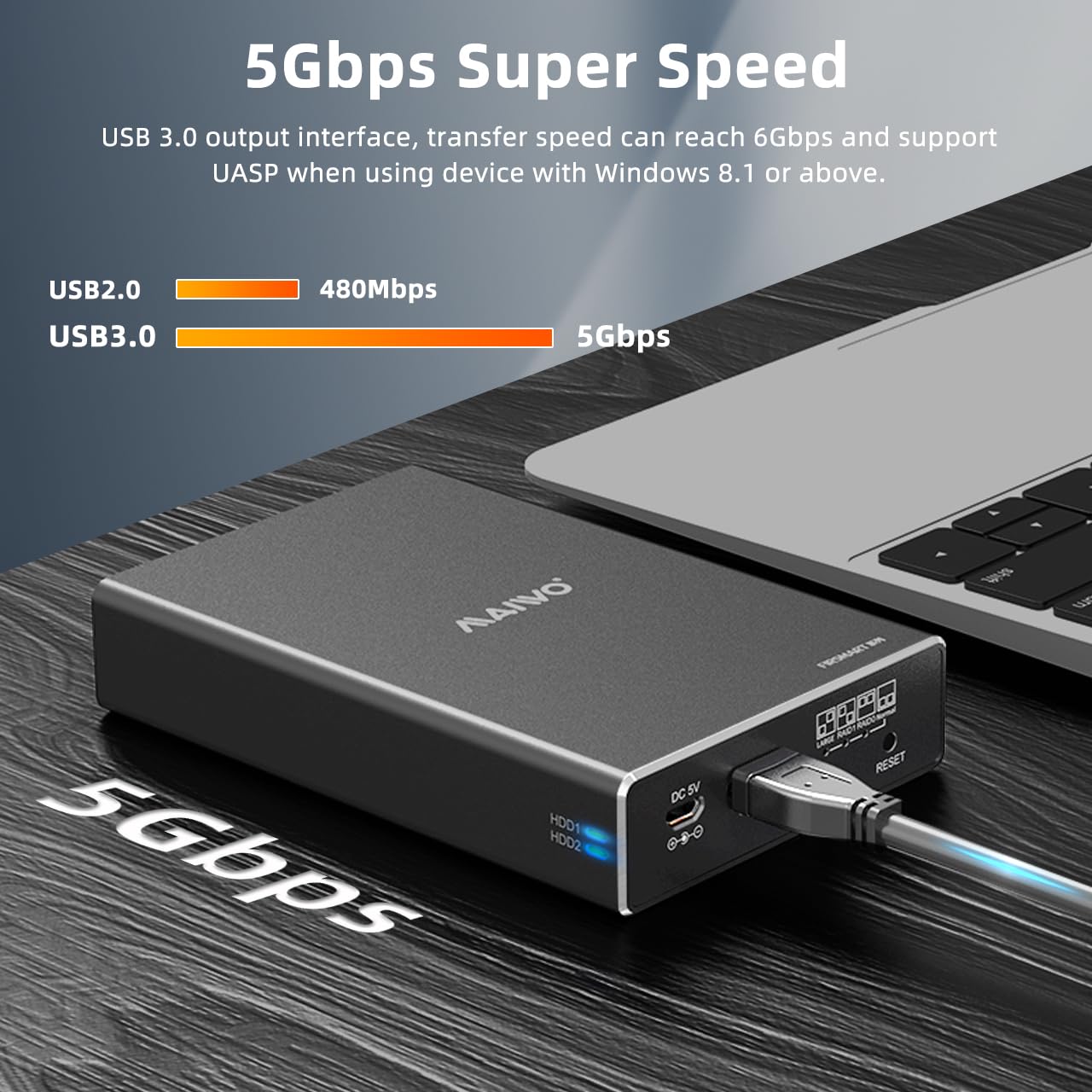 Maiwo Dual Bay Hard Drive Raid Enclosure For 2.5 Inch Sata Ssd Hdd, Raid 0/Raid 1/Jbod/Pm, Usb 3.0 6Gbps With Uasp, 16Tb Capacity, External Hdd Bay Aluminum