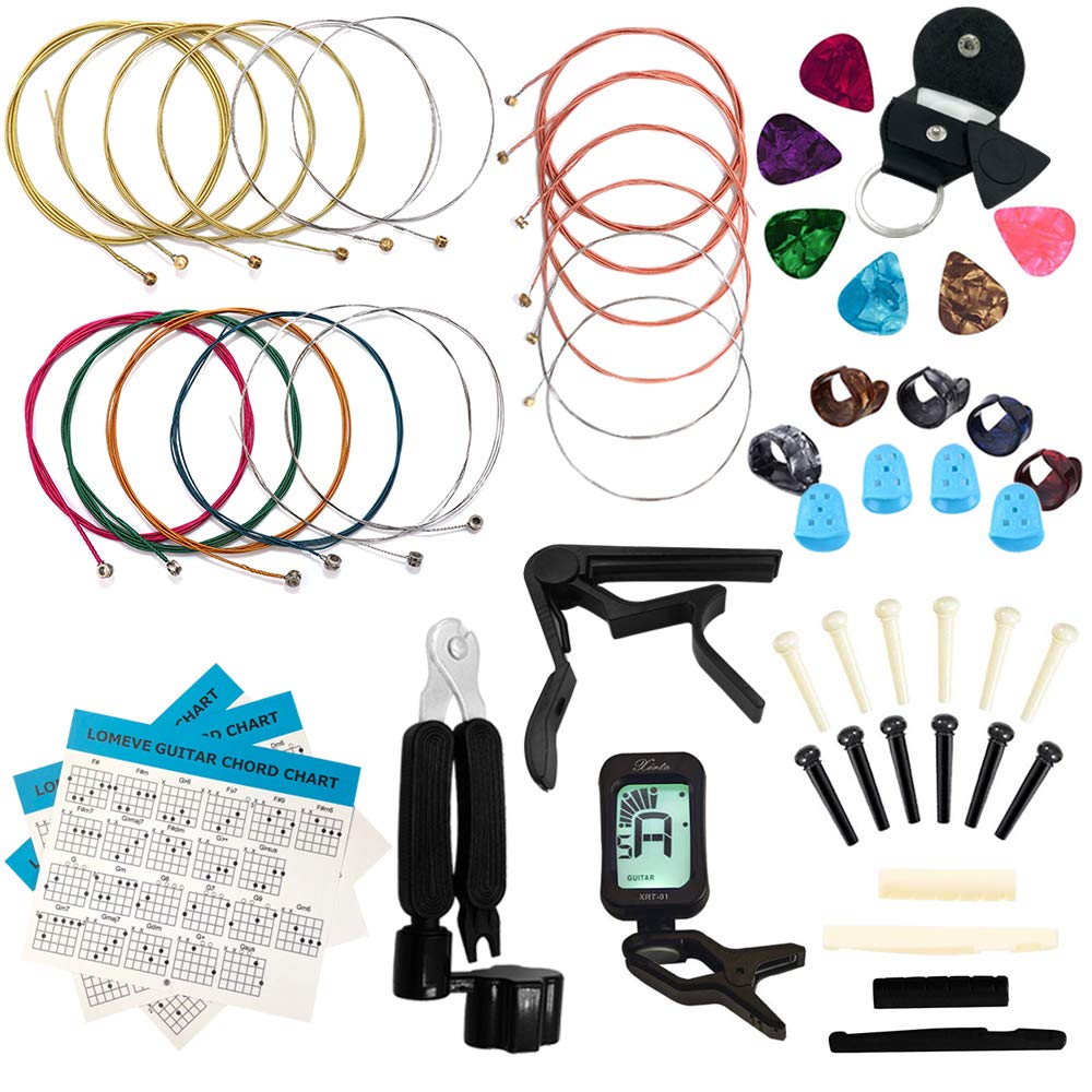 Lomeve Guitar Accessories Kit Include Acoustic Strings, Tuner, Capo, 3 In 1 Restring Tool, Picks, Pick Holder, Bridge Pins, Nuts