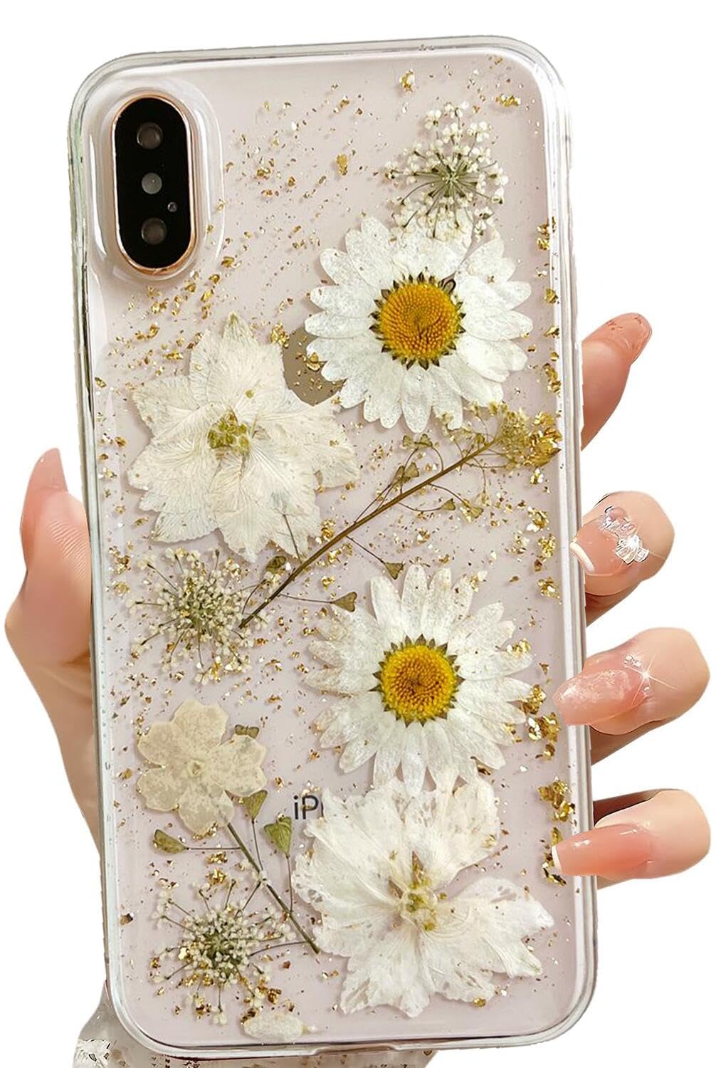 Lseeka For Iphone X/Iphone Xs Clear Case With Pressed Real Flowers Design,Glitter Cute White Floral Pattern Slim Soft Tpu Protec