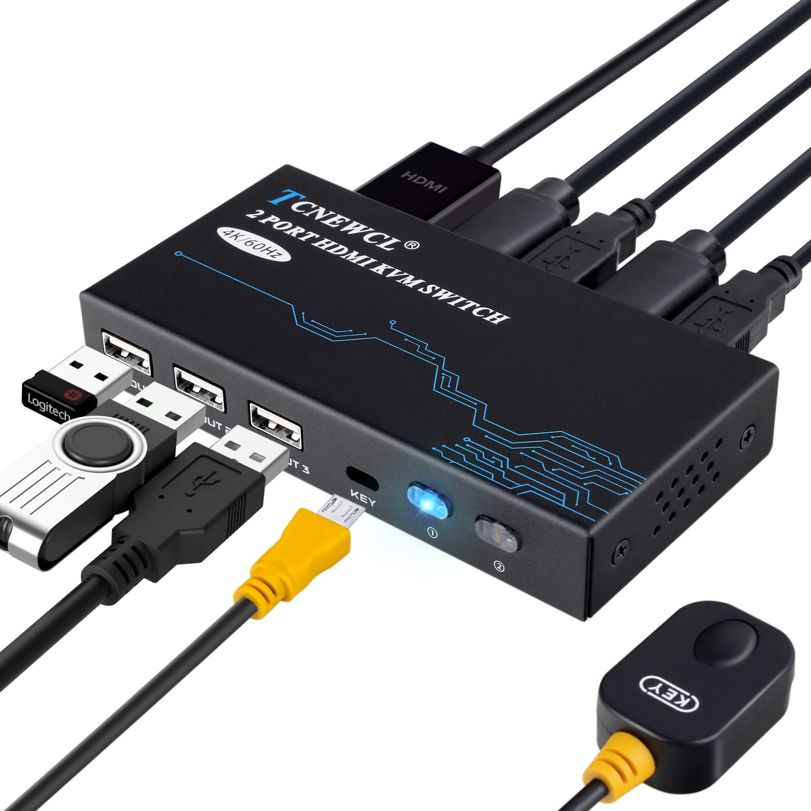 Tcnewcl Hdmi Kvm Switch 4K@60Hz, 4K Kvm Switch For 2 Computer Share 1 Monitor And 3 Usb Devices Keyboard Mouse Printer, Included