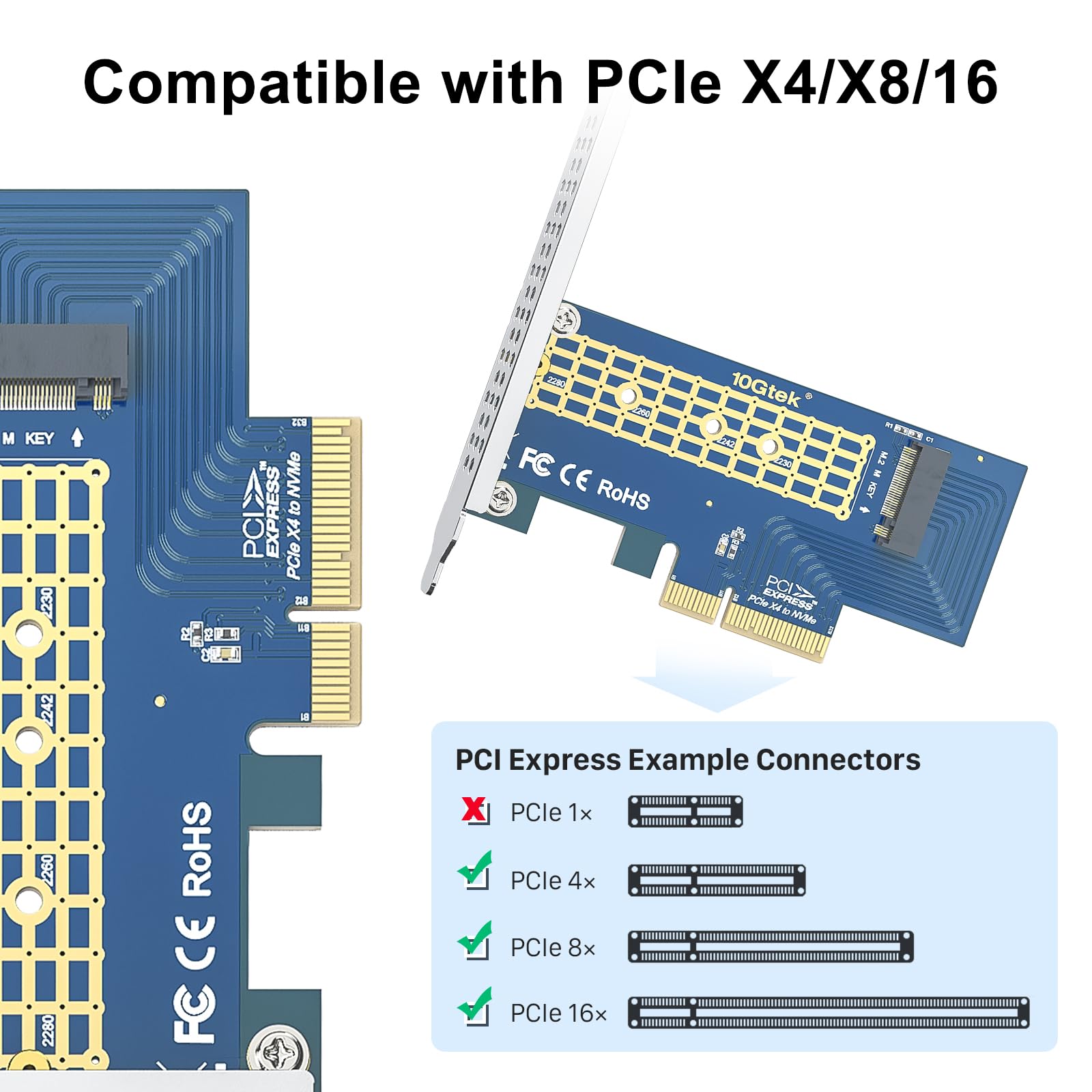 10Gtek M.2 Nvme Pcie 3.0 X4/X8/X16 Adapter Card, M Key Ssd Support, For Desktop & Server