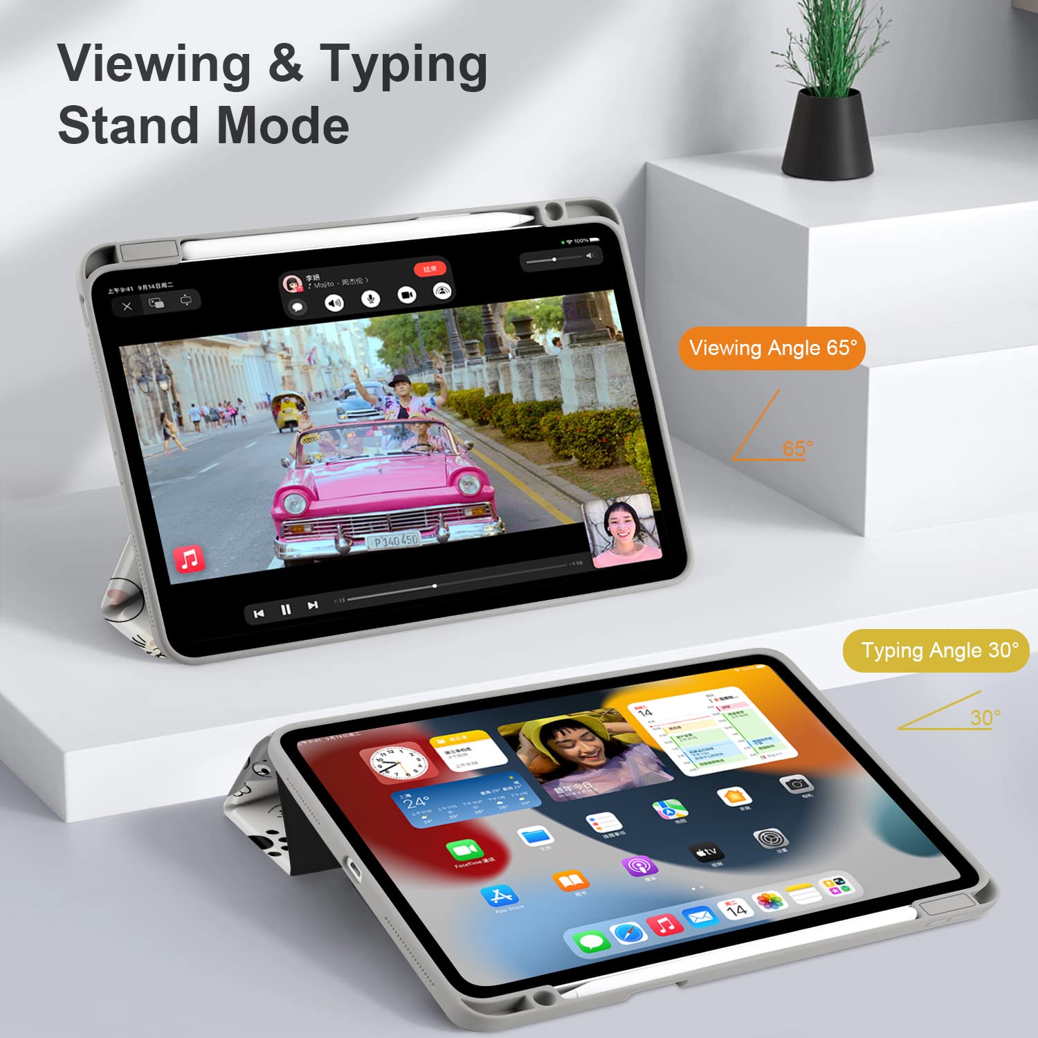 Batianda Hybrid Case For Ipad Air 13 Inch 2024 /Ipad Pro 12.9 Inch 2022 M2 2021 5Th / Ipad Pro 12.9' 4Th/3Rd Gen [Built In Pencil Holder] Shockproof Cover With Clear Back Shell Tpu Bumper, Cute Dogs