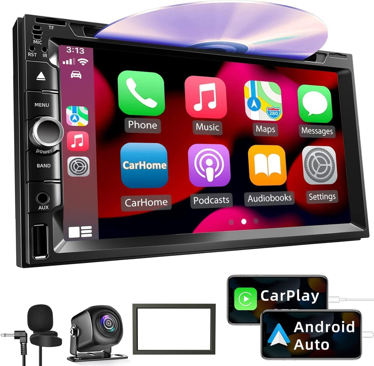 Double Din Car Stereo With Cd/Dvd Player, 7 Inch Touch Screen, Bluetooth 5.2, Carplay/Android Auto, Backup Camera, Usb/Tf Card S
