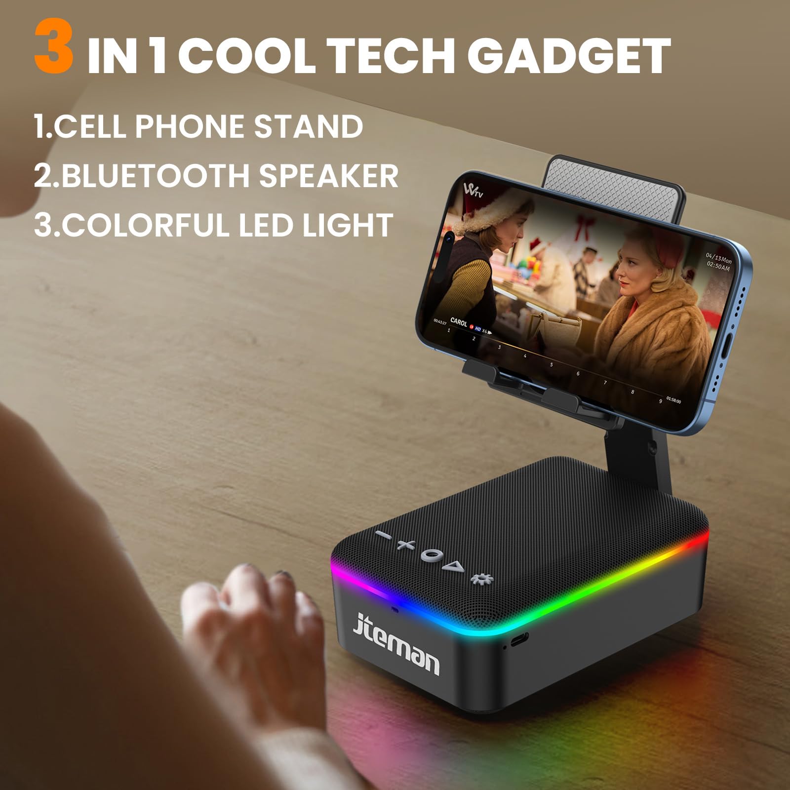 Jteman Gifts For Men Women,Cell Phone Stand With Bluetooth Speaker,Led Light,And Lanyard,Cool Tech Gadgets,Unique Birthday Gifts
