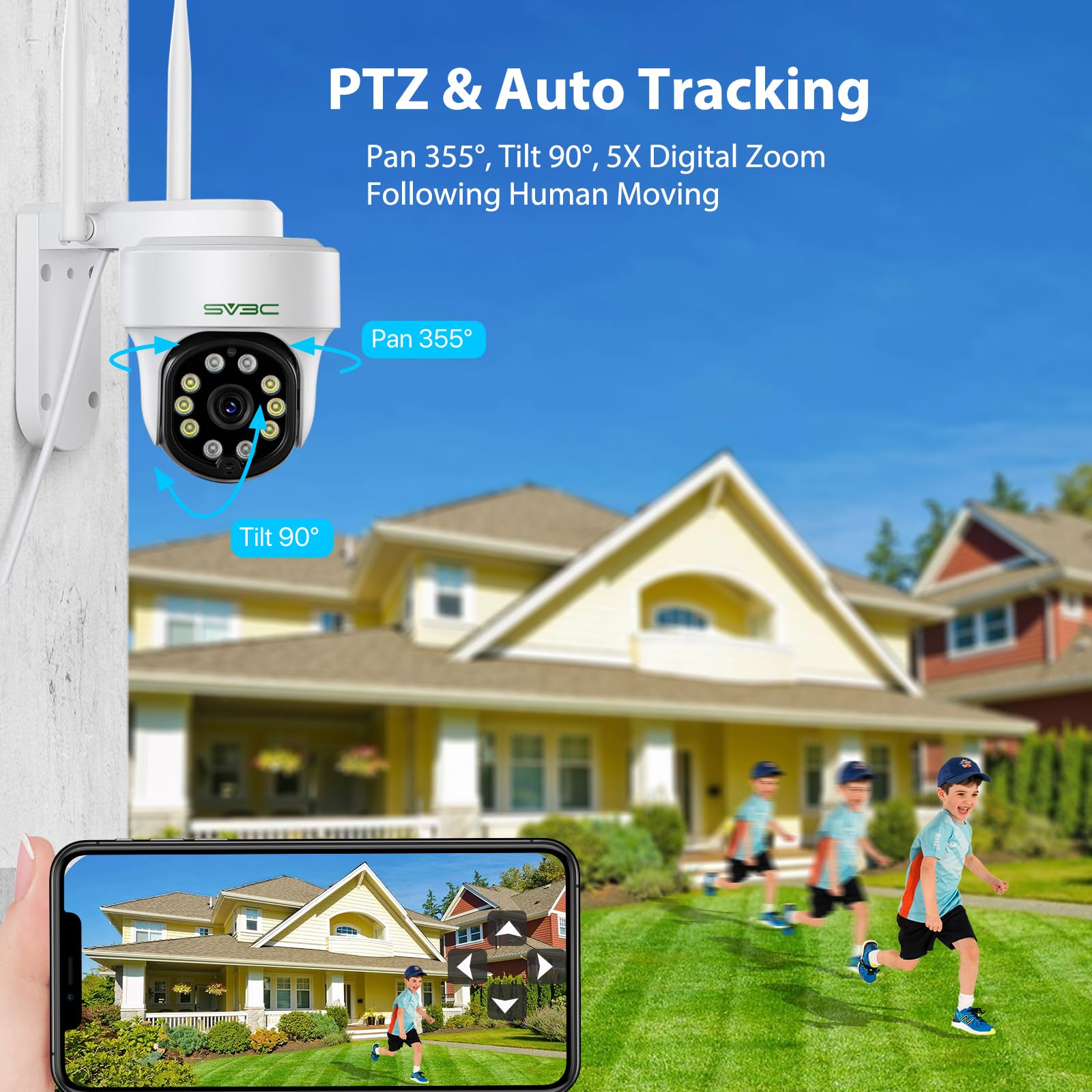 Sv3C Wifi Security Ip Camera Outdoor, Auto Tracking 1080P Ptz Pan Tilt Home Dome Cameras Support Floodlight Color Night Vision,