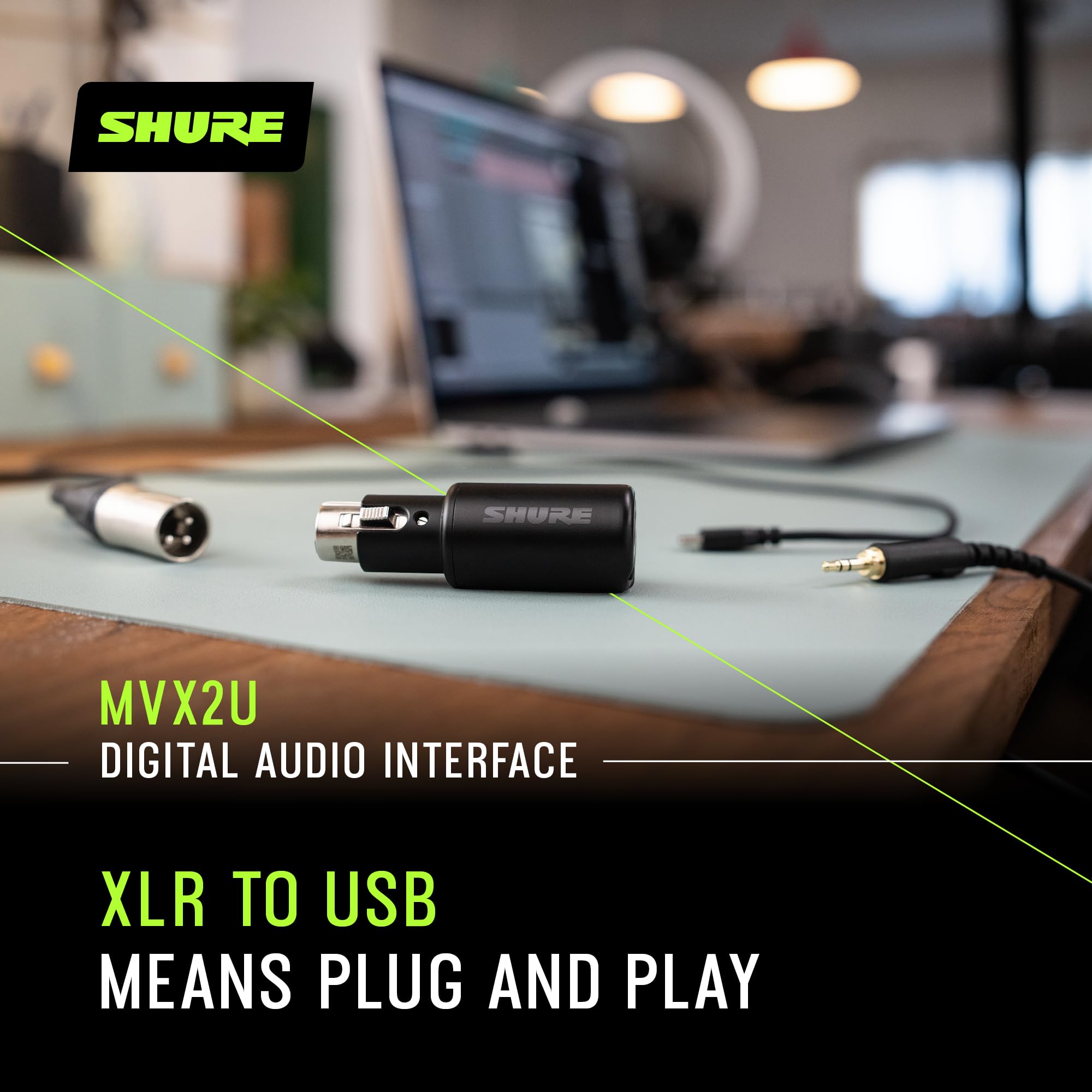 Shure Mvx2U Xlr-To-Usb Digital Interface With Headphone Jack, Integrated Pre-Amp With 60Db Gain Control, Zero-Latency Monitoring