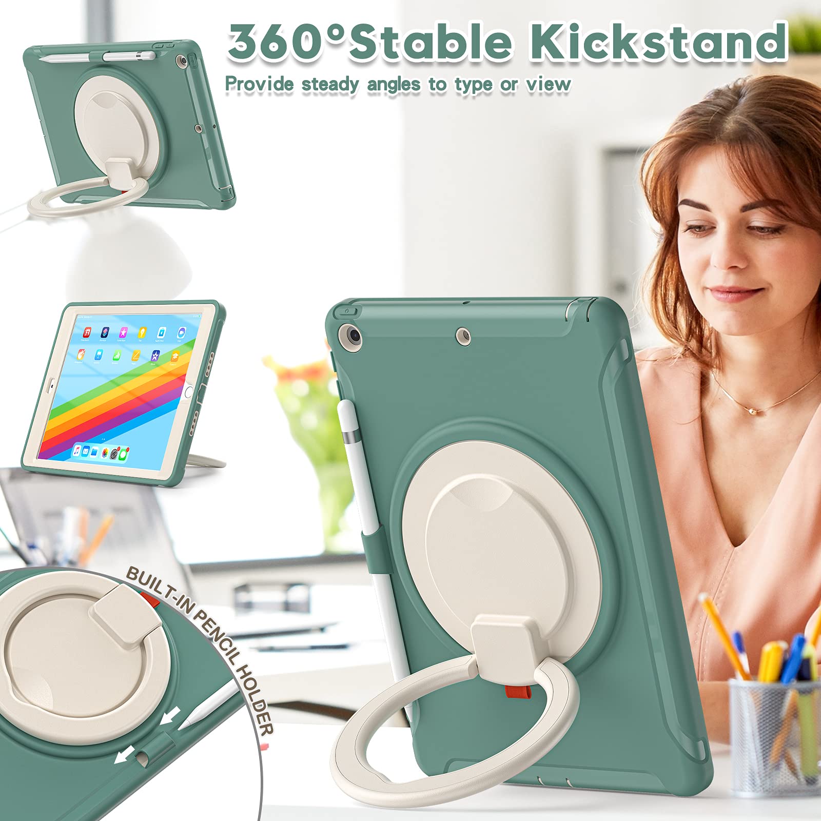 Batyue For Ipad 9Th/ 8Th/ 7Th Generation Case (Ipad 10.2 Case 2021/2020/2019) With Screen Protector,Rugged Case With Rotating St