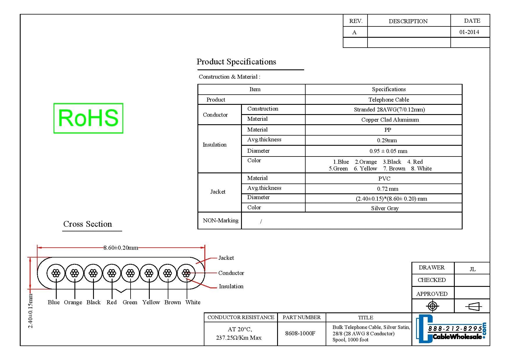 1000 Feet Bulk Telephone Cord, Silver Satin, 28/8 (28 Awg 8 Conductor), Telephone Cable Spool, Bulk Telephone Wire, Cablewholesa
