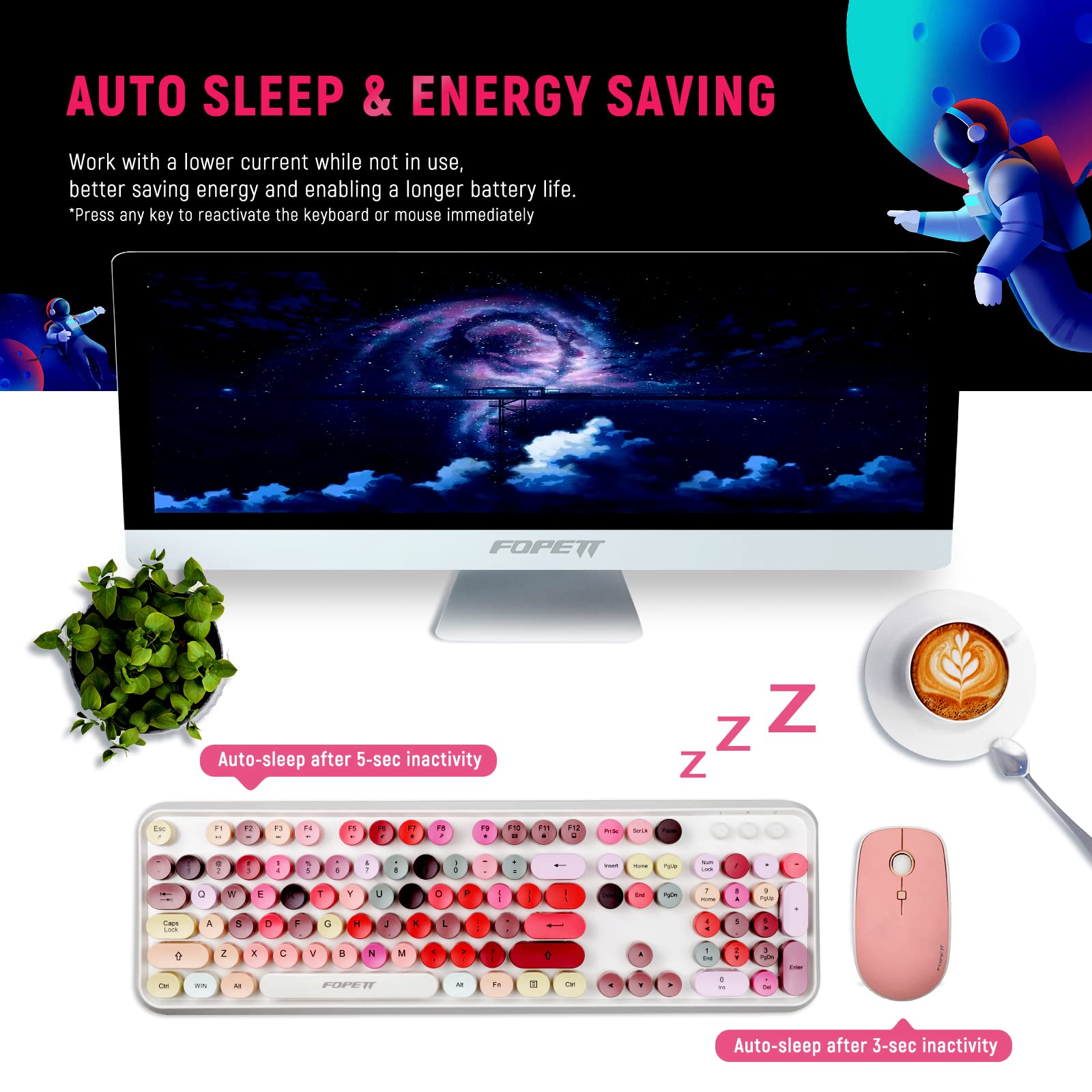 Fopett Wireless Keyboard And Mouse Sets,Reliable 2.4 Ghz Connectivity For Pc,Laptop,Smart Tv And More (White Colorful)