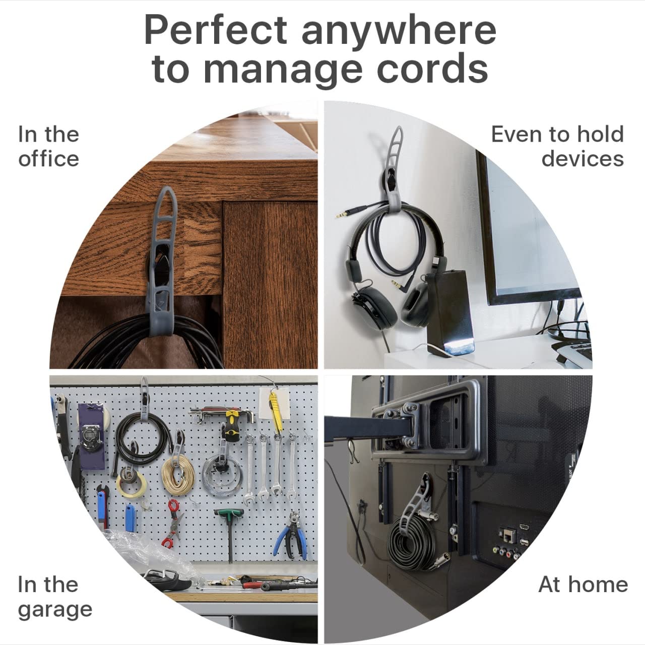 X-Protector Self-Adhesive Extension Cord Holder Organizer with Manageable Belt Plastic Black Grey 4 Pack