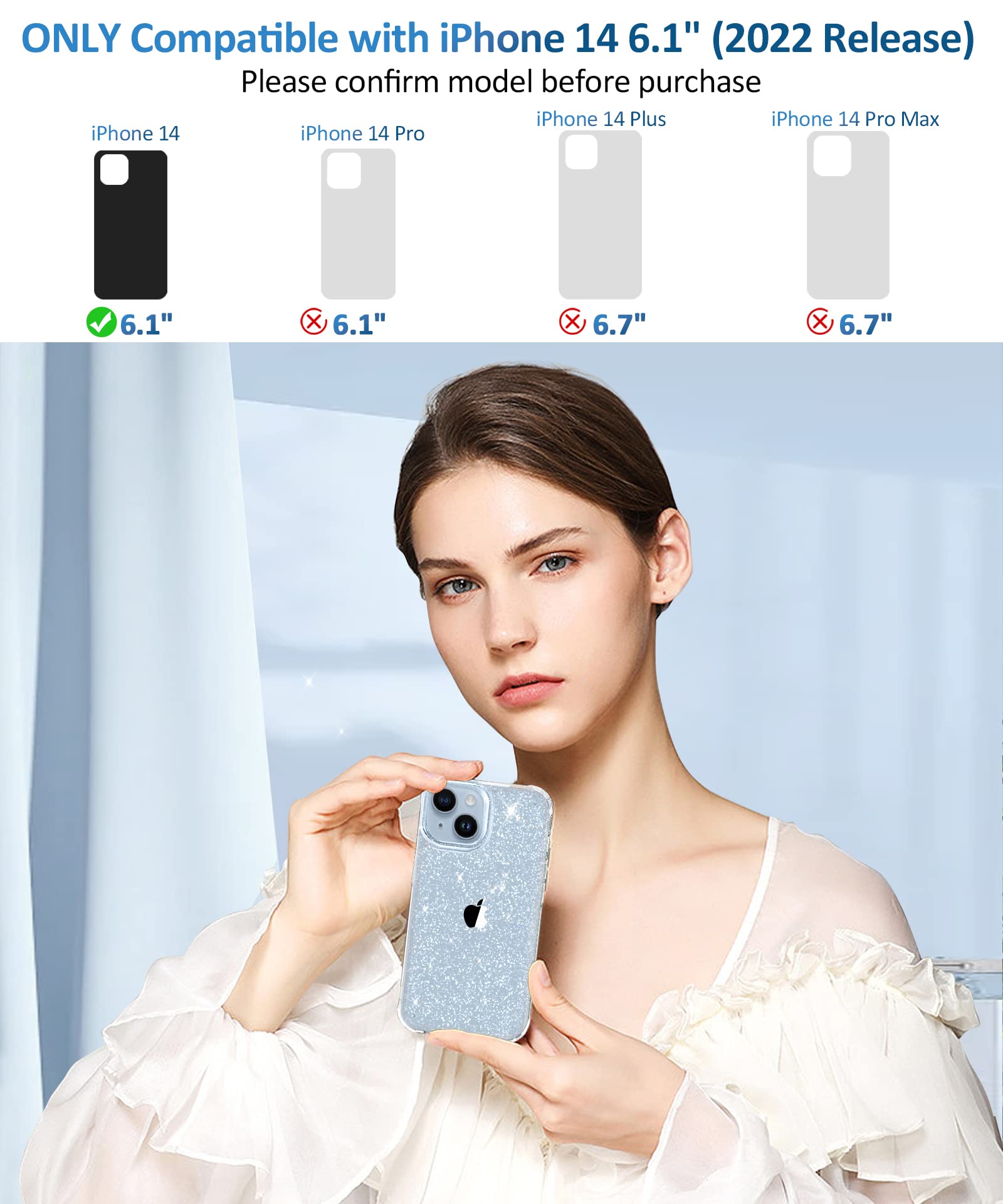 Miodik For Iphone 14 Case With Screen Protector + Camera Lens Protector, [Non Yellowing] Clear Glitter Phone Case, [Military Gra