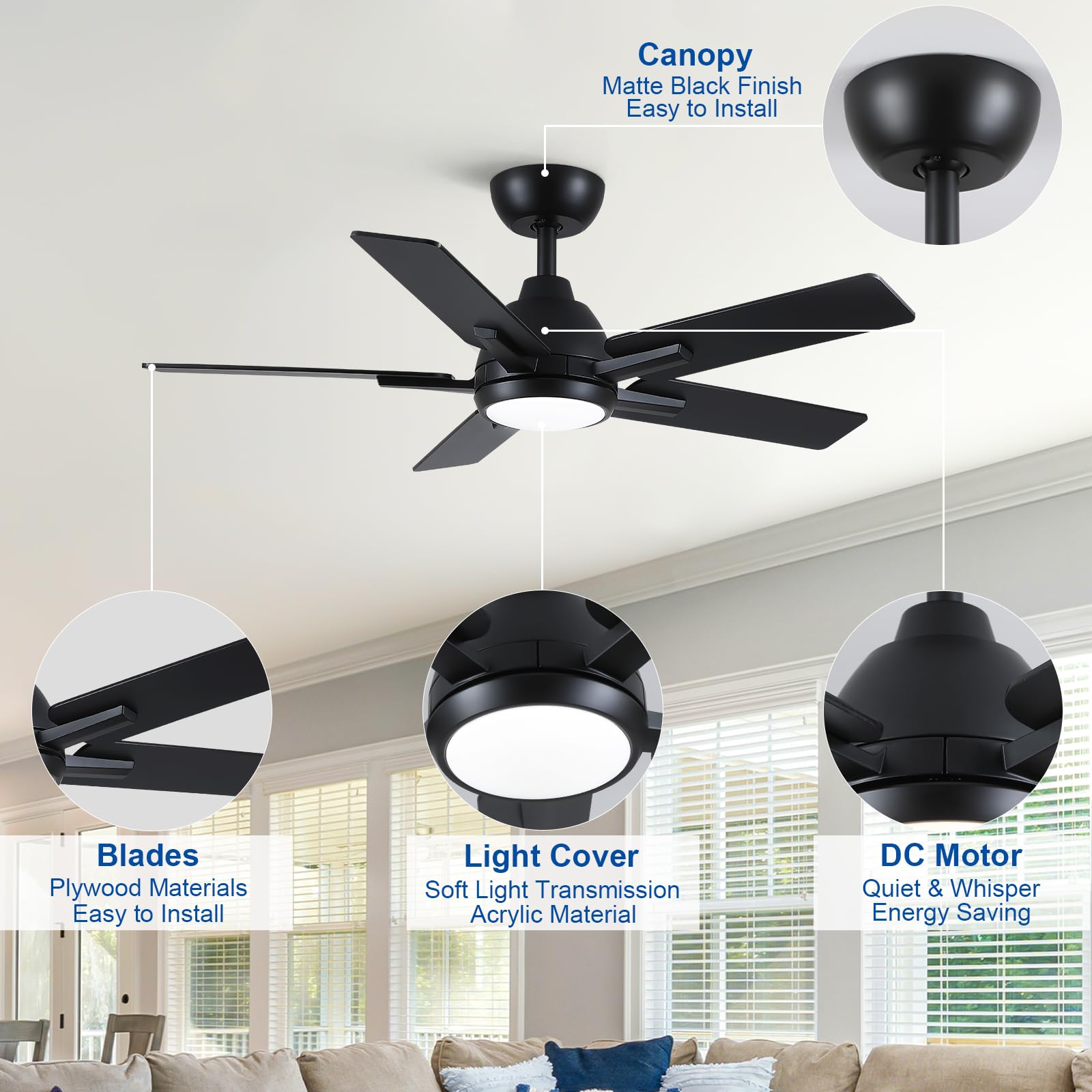 42 Inch Ceiling Fans With Lights And Remote,Black Ceiling Fan With 5 Dual Sided Blades,Downrod,Quiet 6 Speed Reversible Dc Motor