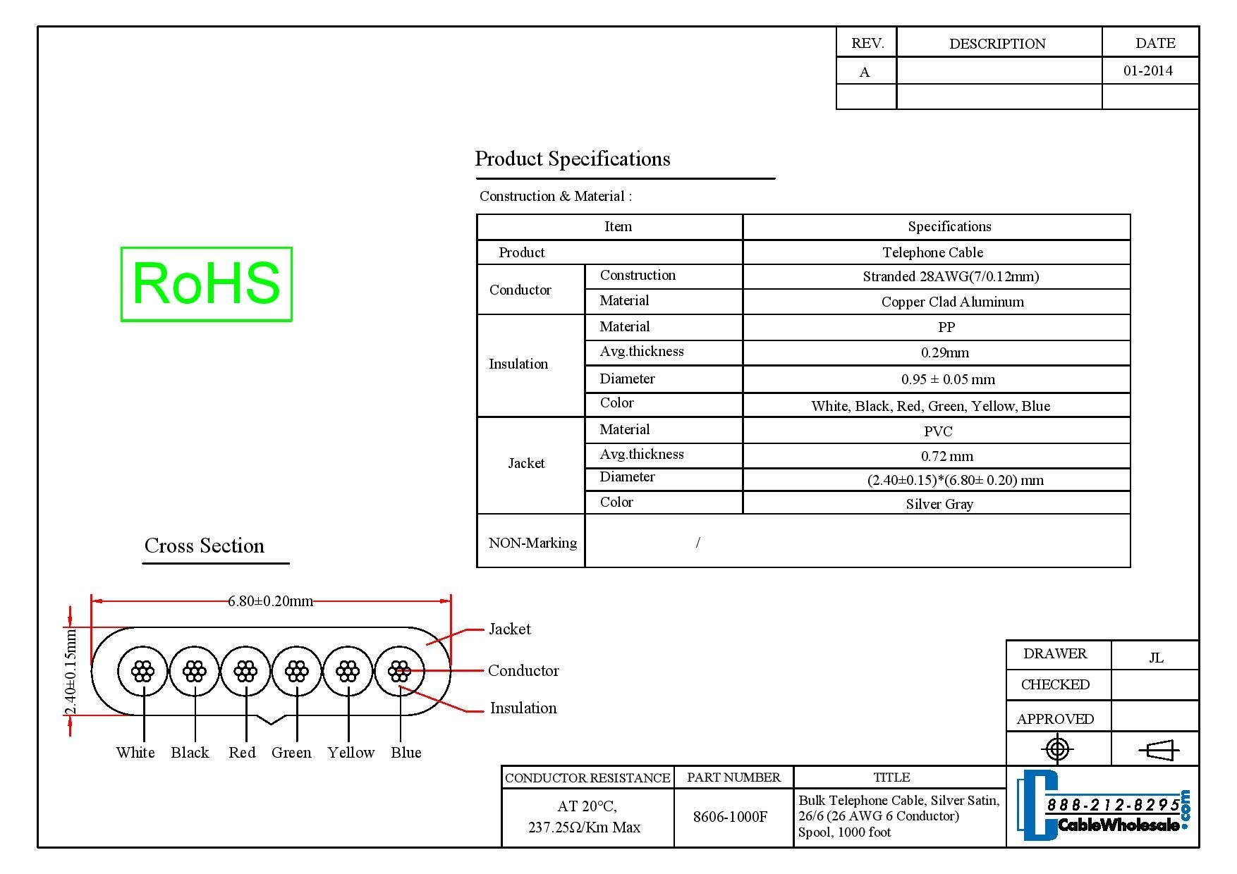 1000 Feet Bulk Telephone Cord, Silver Satin, 28/6 (28 Awg 6 Conductor), Telephone Cable Spool, Bulk Telephone Wire, Cablewholesa