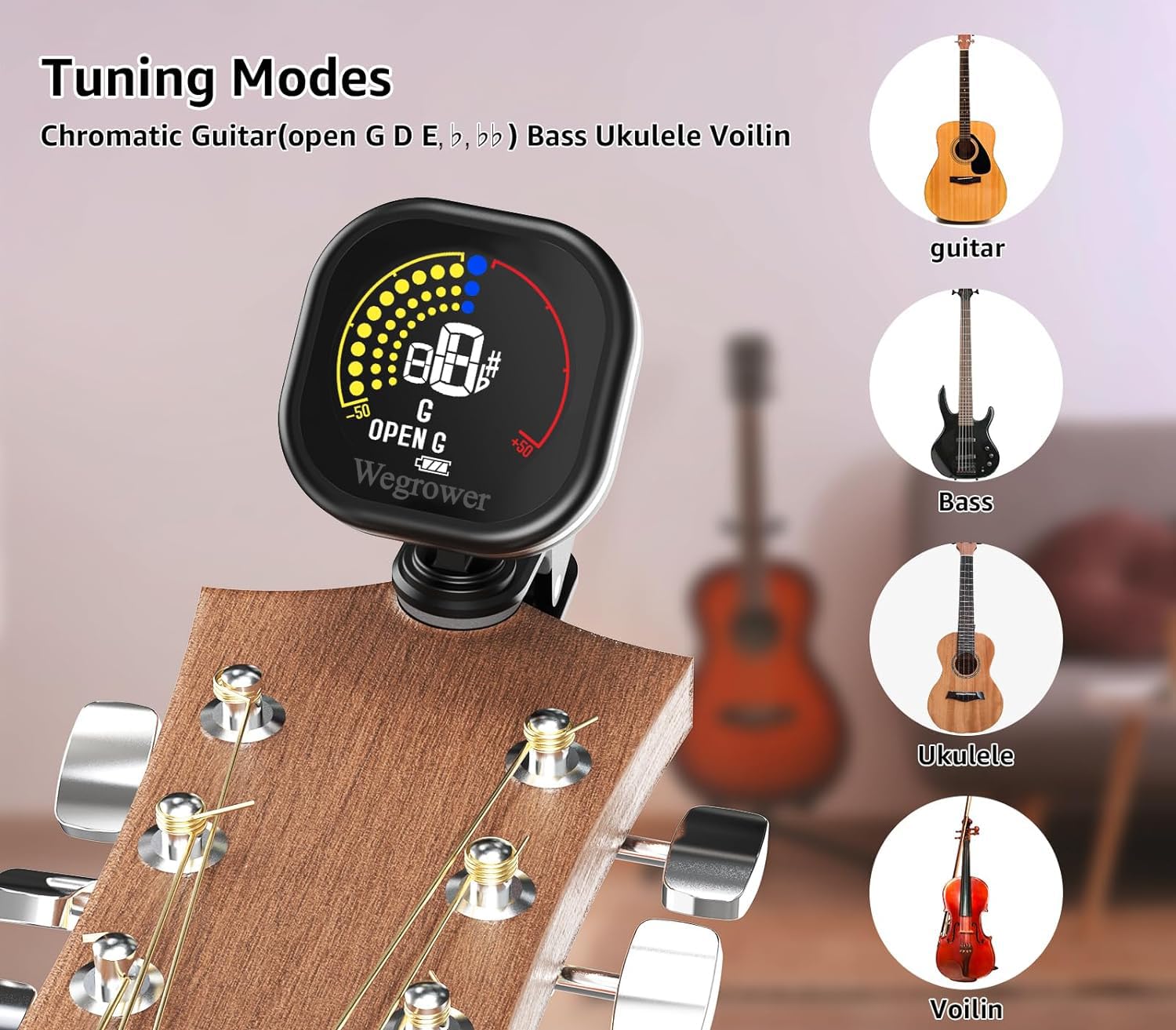 Wegrower Guitar Tuner Rechargeable, Clip On Tuner With Lcd Color Display With Guitar, Ukulele, Violin And Chromatic Tuning Modes