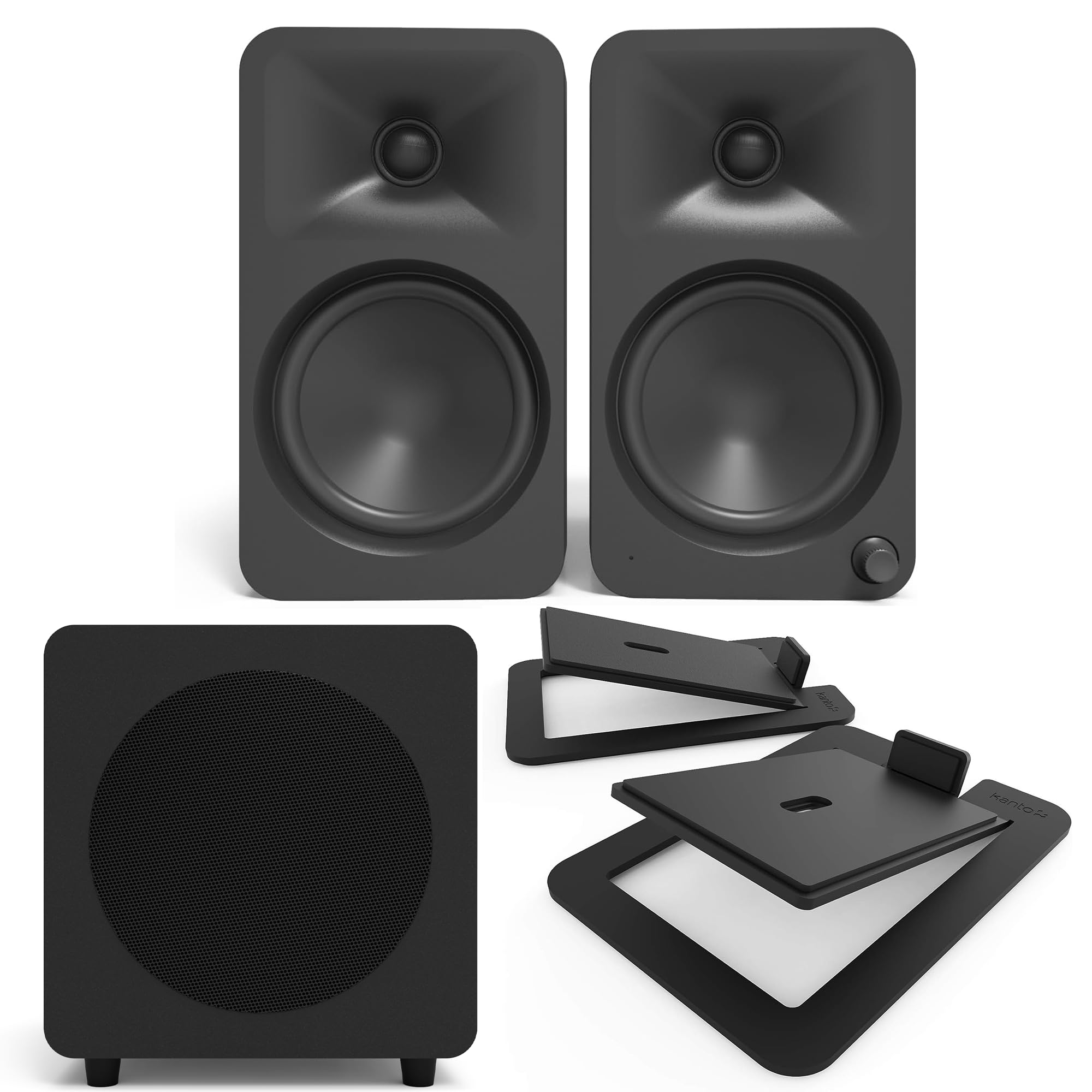 Kanto ORA4MB Pro Audio Bluetooth Desktop Speakers with a SUB8VMB Sealed Powered 8 Subwoofer S6 Angled Desktop Speaker Stands for