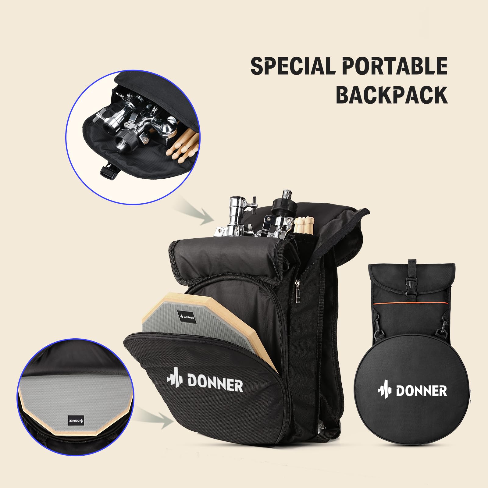 Donner Snare Drum Stand Set With Drum Practice Pad, 12 Double Sided Silent Drum Pad Set, Drumsticks, Backpack Adjustable Stand F