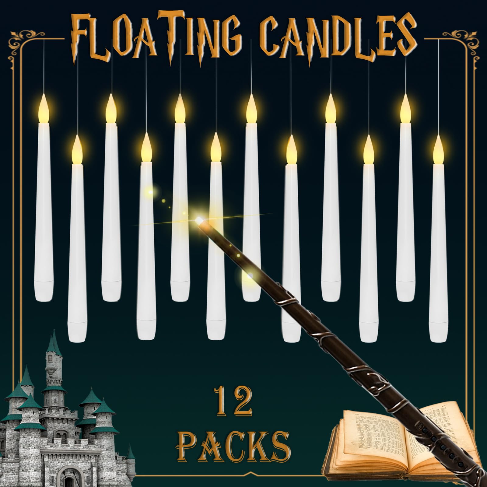 Lezonic Floating Candles With Wand Remote, Set Of 12 Magic Flameless Candles Battery Operated, Flikering Hanging Led Taper Candl