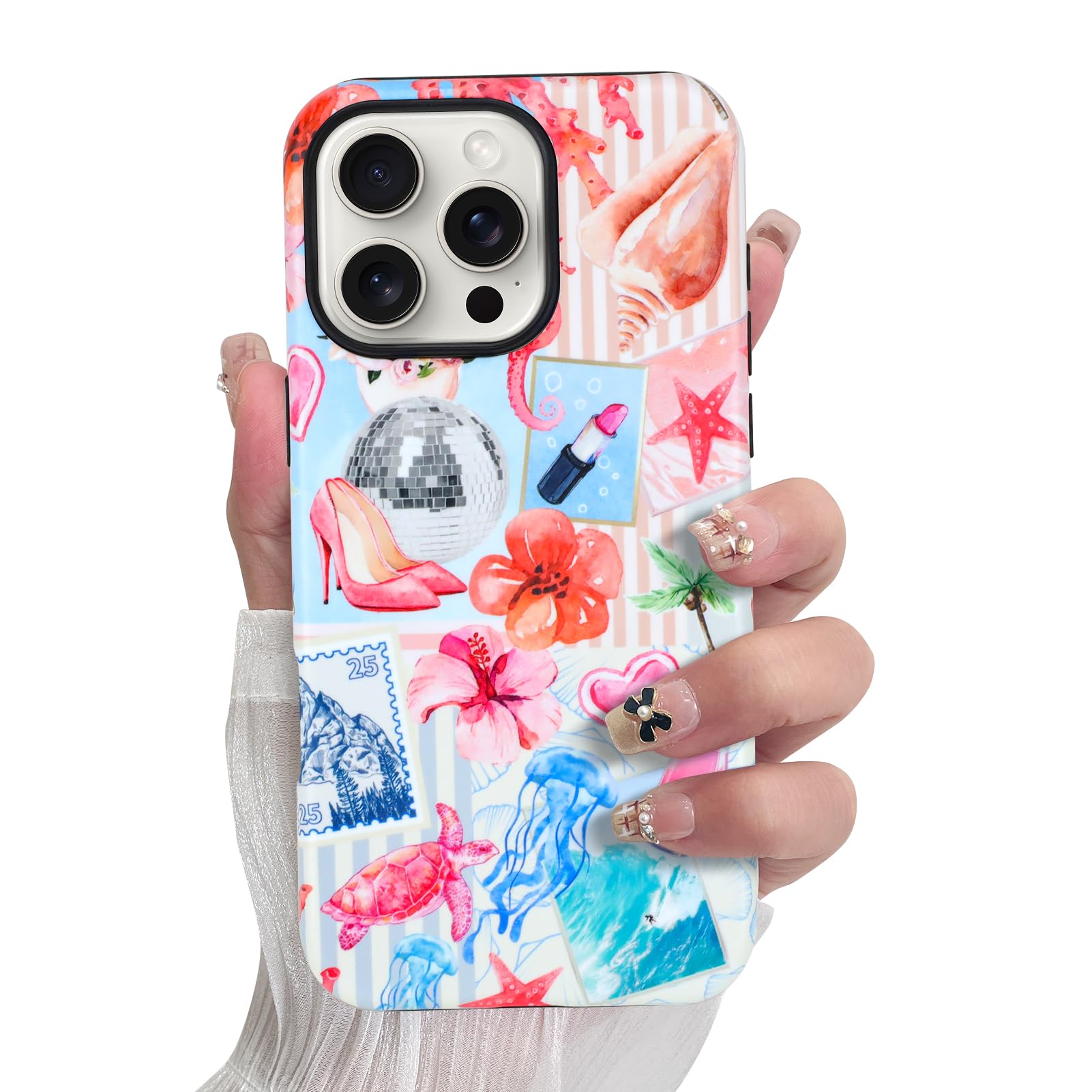 SOKAD Magnetic Summer Collage Phone Case for iPhone 16 Pro, Cute Beach Coastal Collage Pattern Compatible with Magsafe Matte Pro