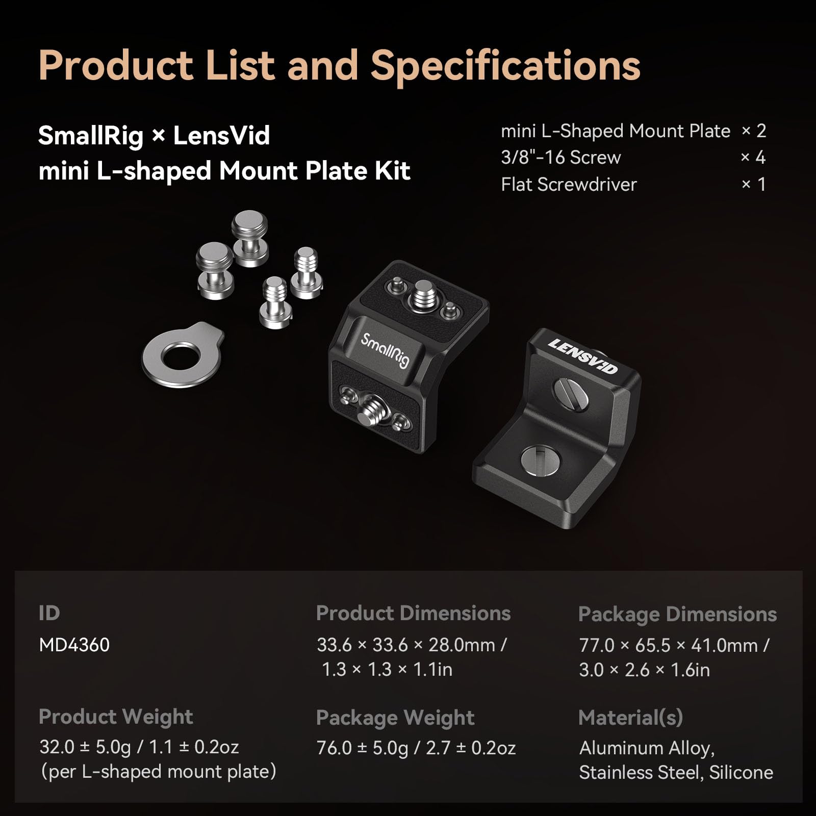 Smallrig X Lensvid Mini L-Shaped Mount Plate Kit, At A 90 Angle With 3/8-16 Locating Hole For Arri, Max.Load 1.2Kg For Tripod