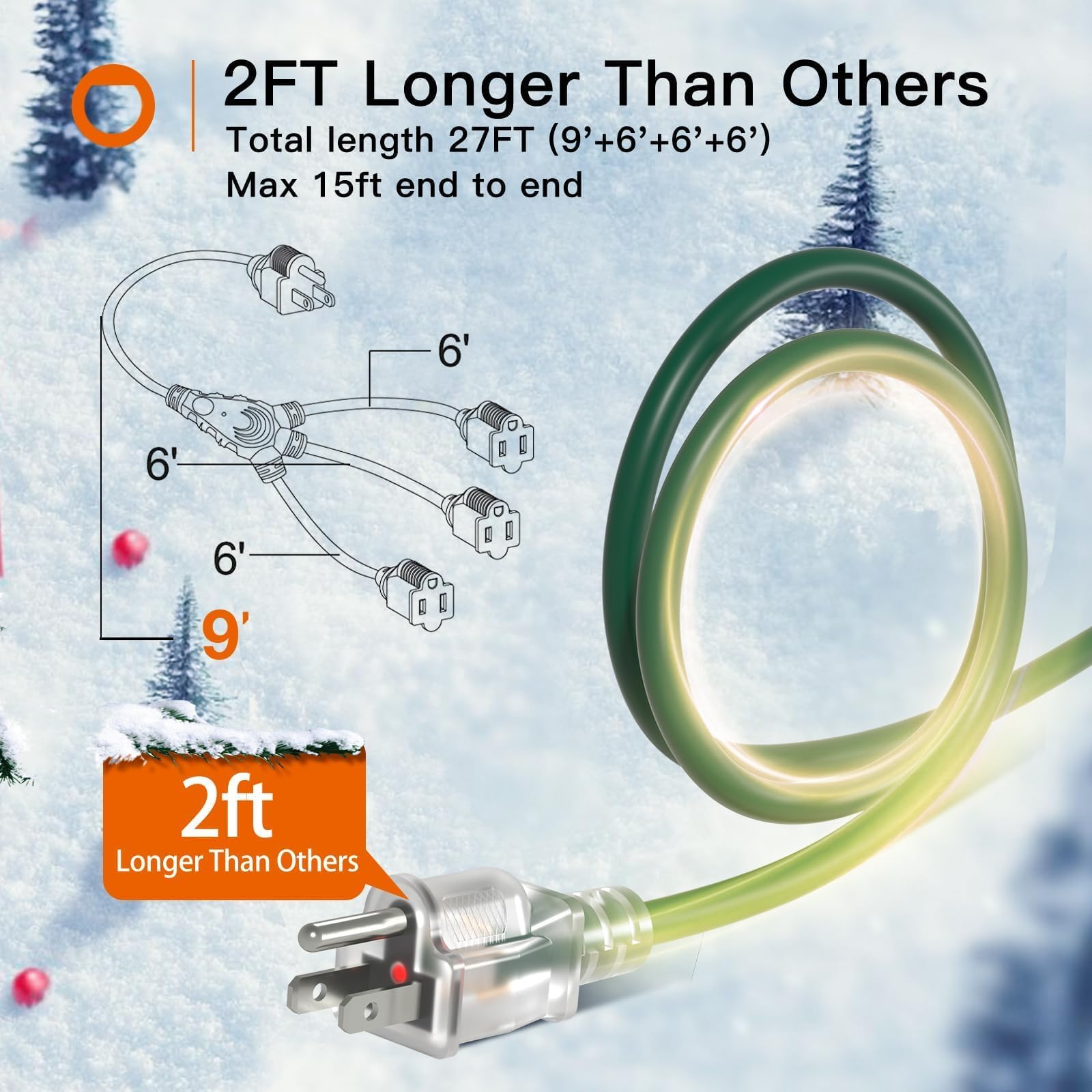 Addlon 27Ft Outdoor Extension Cord With Multiple Outlets, 1 To 3 Splitter Total 27Ft(Max Length 15Ft From End To End), 16/3 Sjtw