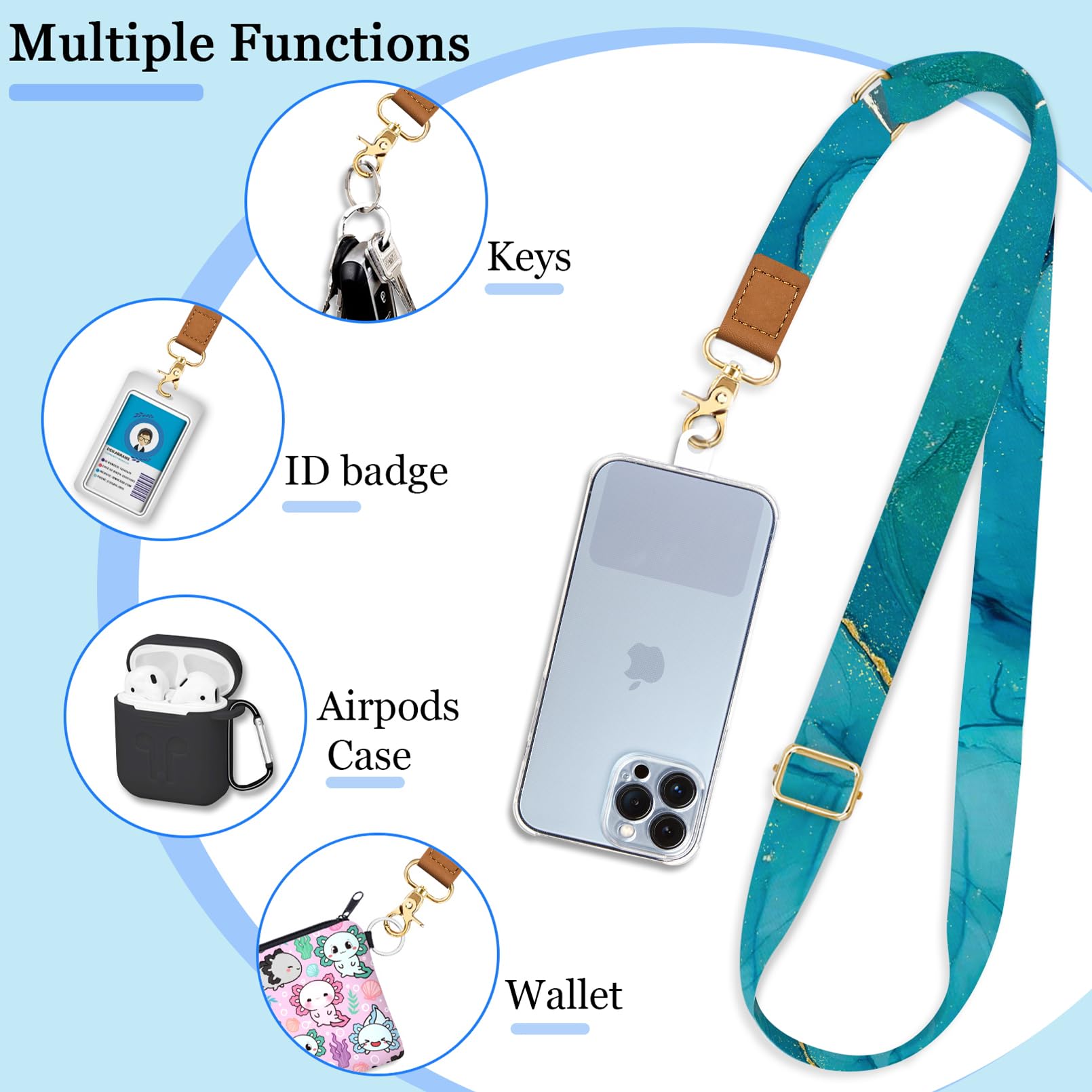 Cell Phone Lanyard Crossbody With Wrist Strap, Blue Marble Phone Lanyards For Around The Neck Wristlet Adjustable Phone Strap, L