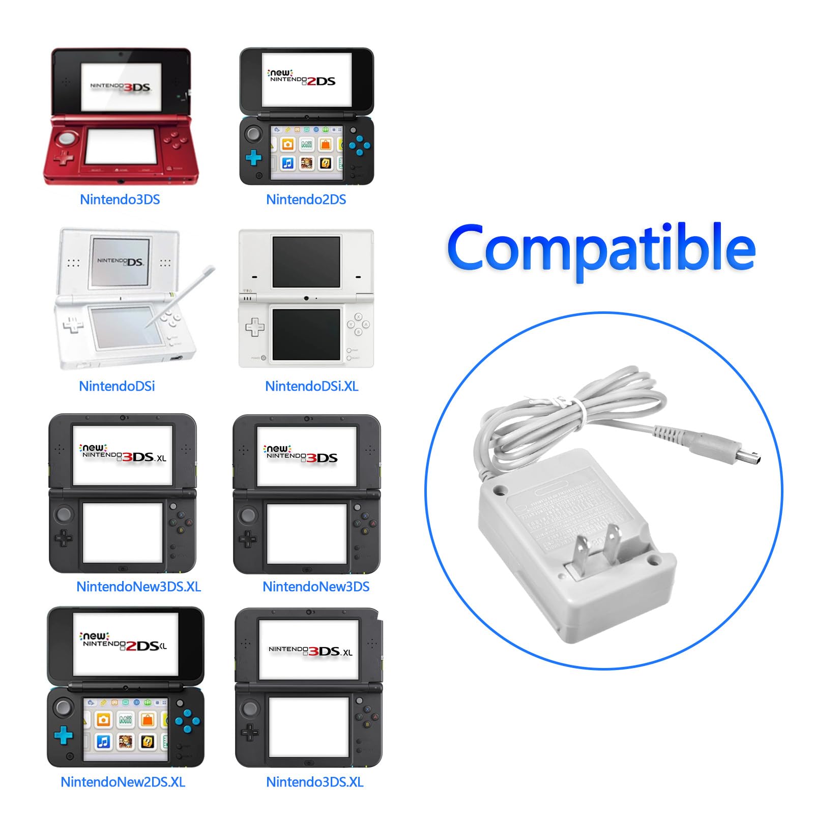 3Ds Charger, Home Travel Power Supply Ac Adapter Replacement Compatible With Nintendo 3Ds/ 3Ds Xl/New 3Ds/ New 3Ds Xl/ 2Ds/ 2Ds