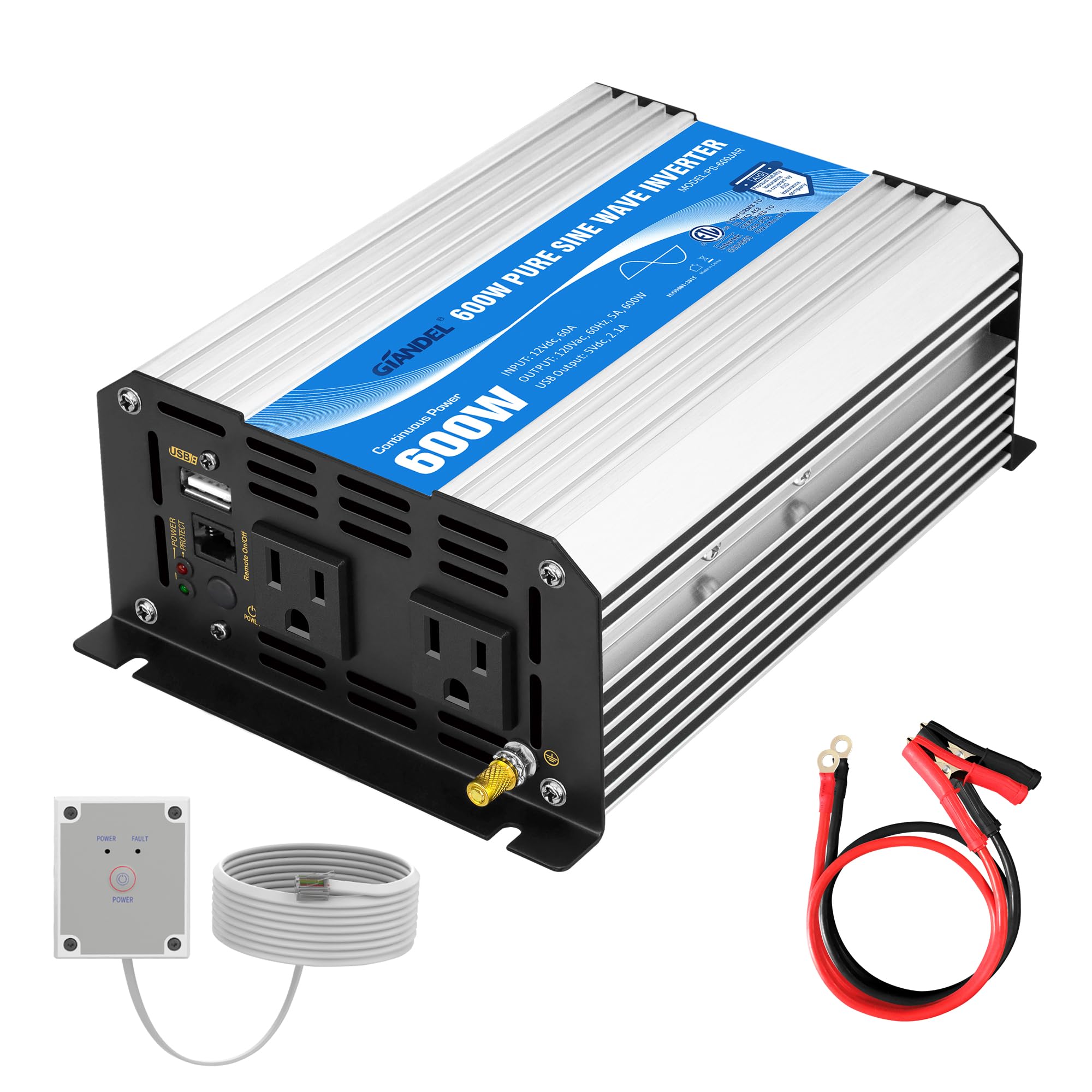 Giandel Power Inverter Pure Sine Wave 600Watt 12V Dc To 120V Ac With Remote Control Dual Ac Outlets Cetl Approved For Small Sola