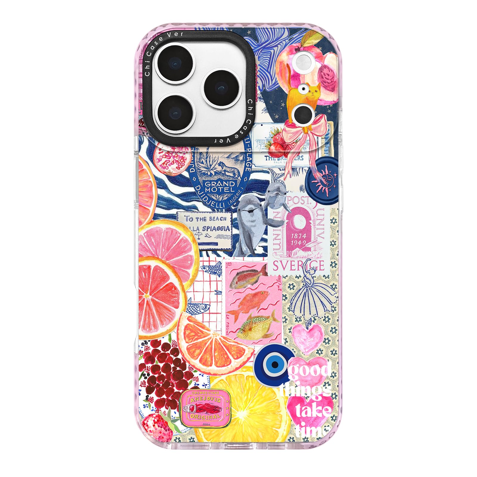 ChiCaseVer for iPhone 17 Pro Case, Vibrant Tropical Coastal Citrus Travel Collage Design, Y2K TPU Compatible with MagSafe & Mili