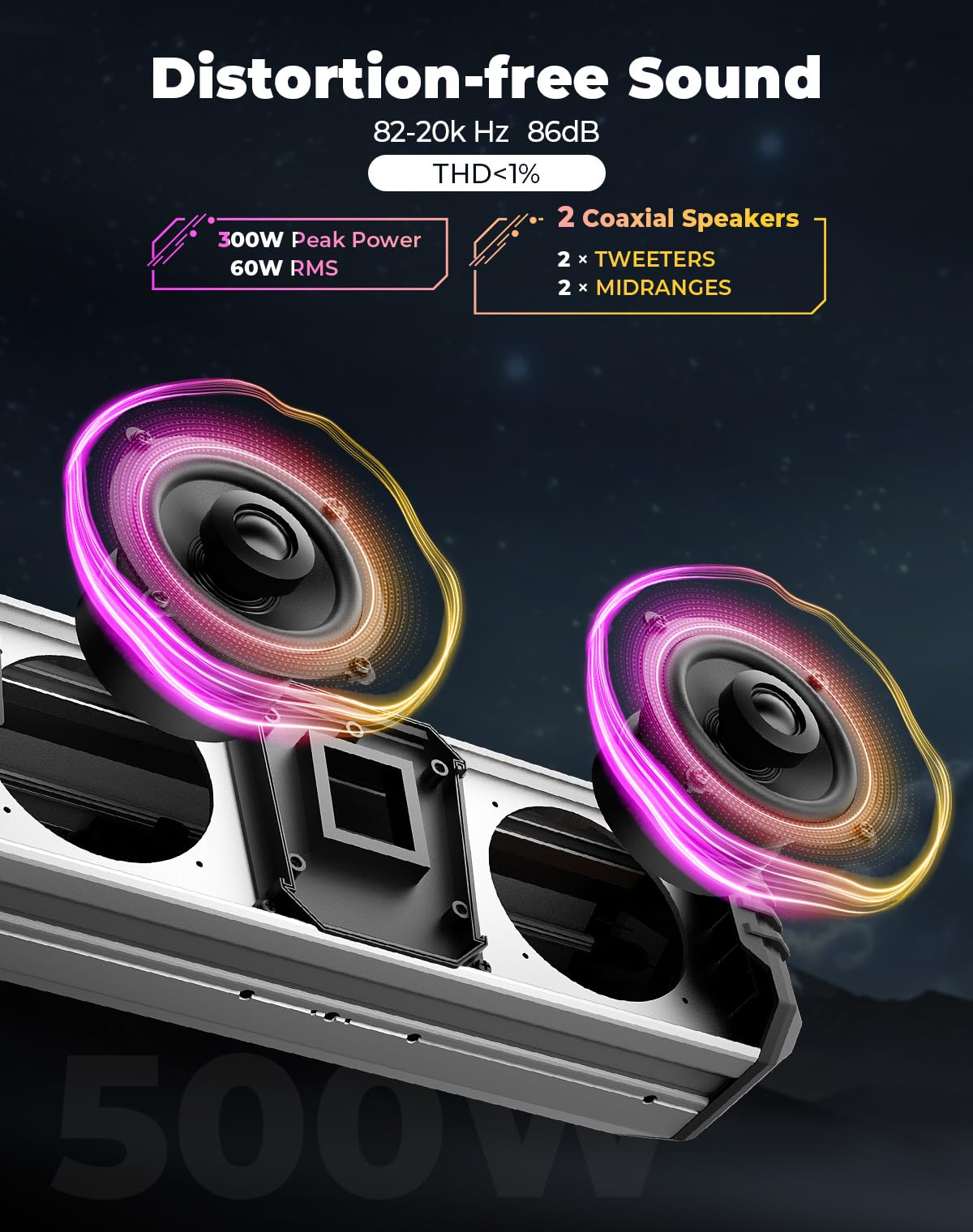 Kemimoto Midnight S40 16-Inch Metal Utv Sound Bar Waterproof Ip66 Waterproof Music Sync Multicolor Light Wireless Soundbar For U