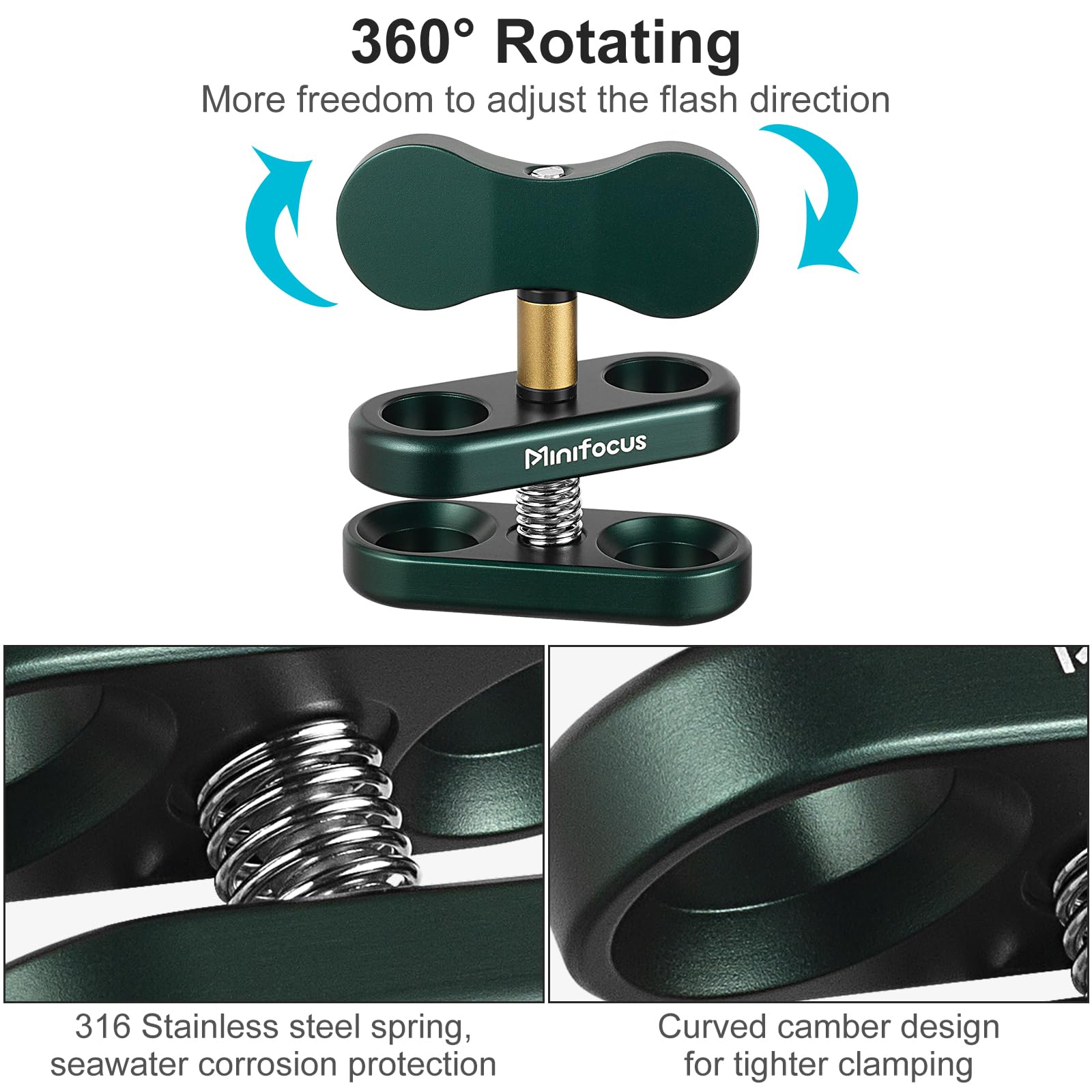 Minifocus Aluminum 1'' Ball Clamp Mount, Double Socket Arm, 360 Spring Clip Adapter Bracket Holder For Underwater Diving Photogr