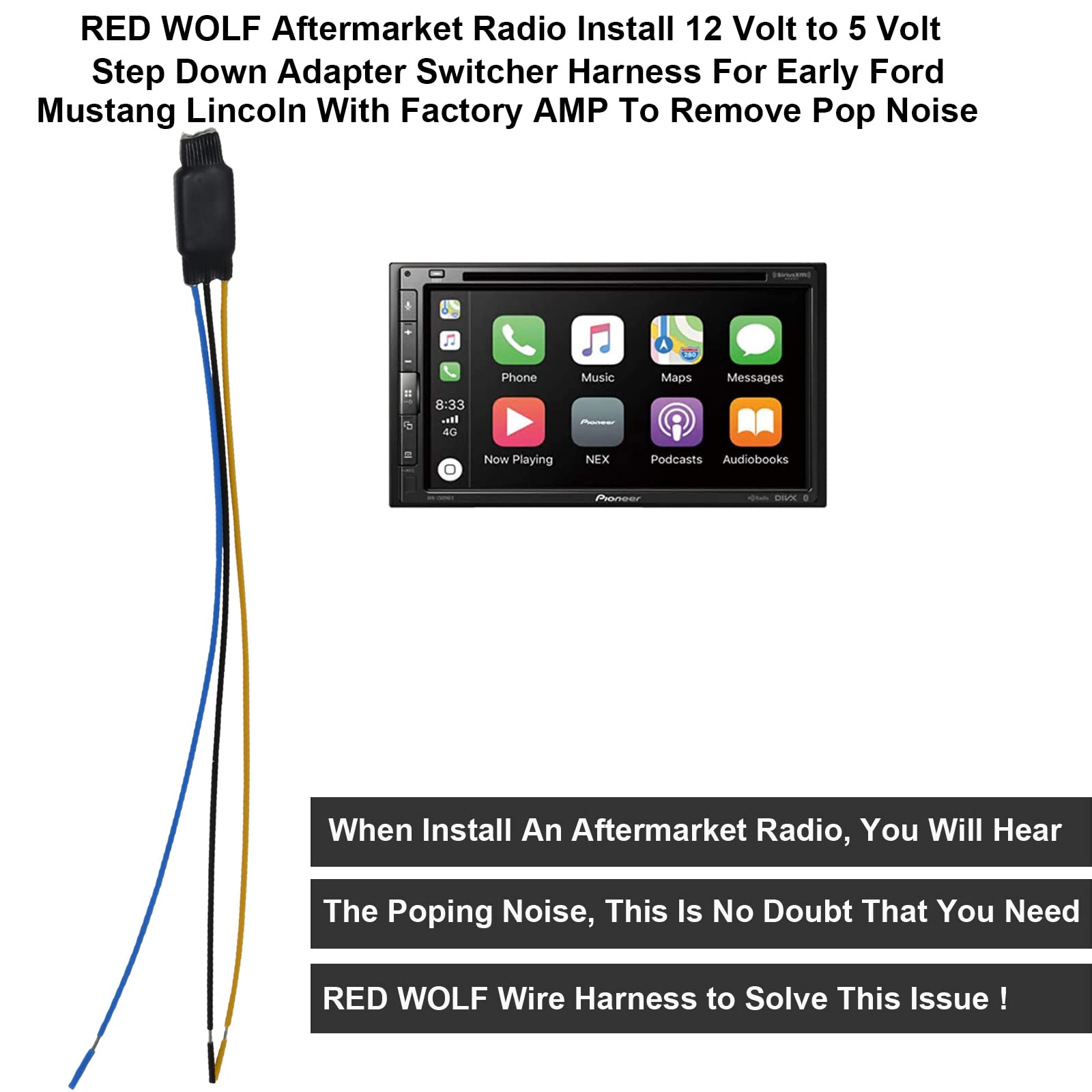 Red Wolf Car 12V To 5V Step Down Interface Wire Adapter Fit For 1997 2008 Ford Mustang Gt, 2000 2006 Escape, Install Aftermarket Radio Stereo Headunit Eliminate Pop Noise