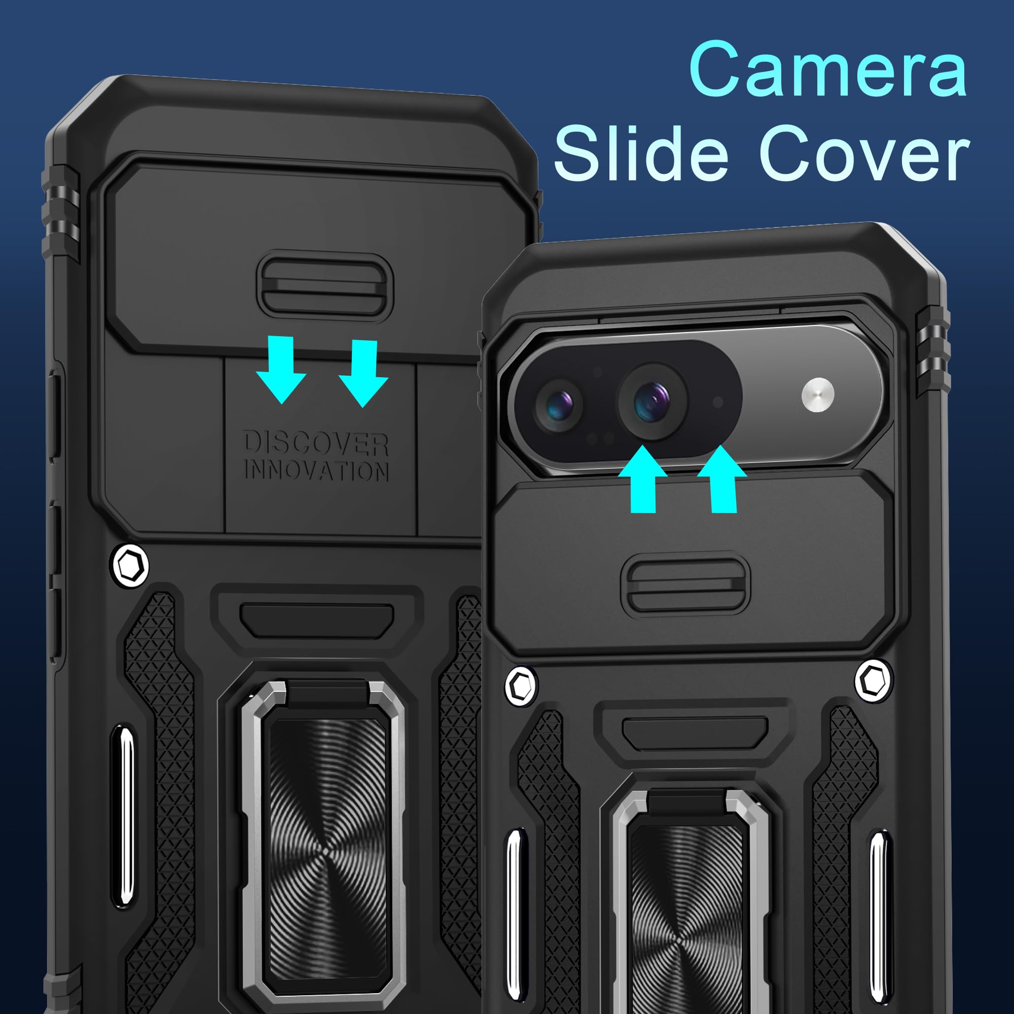 Deerlamn Case For Google Pixel 9/9 Pro With Slide Camera Cover+Screen Protector(1 Pack), Rotated Ring Kickstand Military Grade S