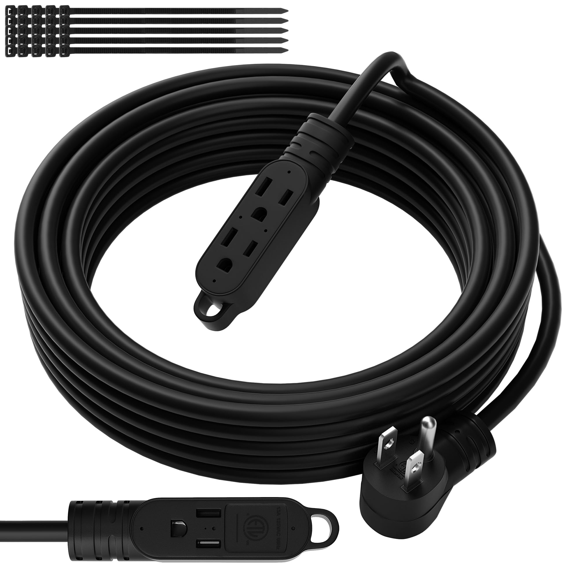 3 Prong Power Extension Cord With Multiple Outlets 15 Ft, 16/3 Gauge Multi 3 Outlet Wire, 90 Degree Angled Male Plug, 16 Awg Gro